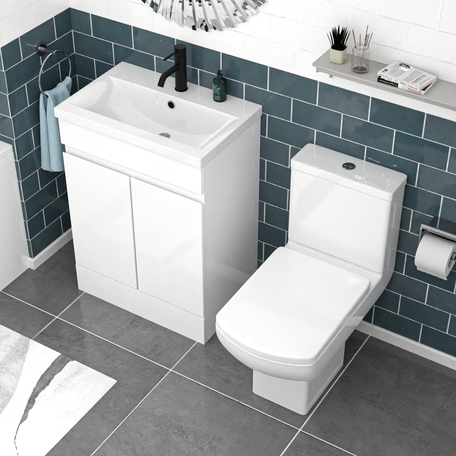 Alaska 600mm Handleless White Basin Vanity Square Rimless Close Coupled Toilet
