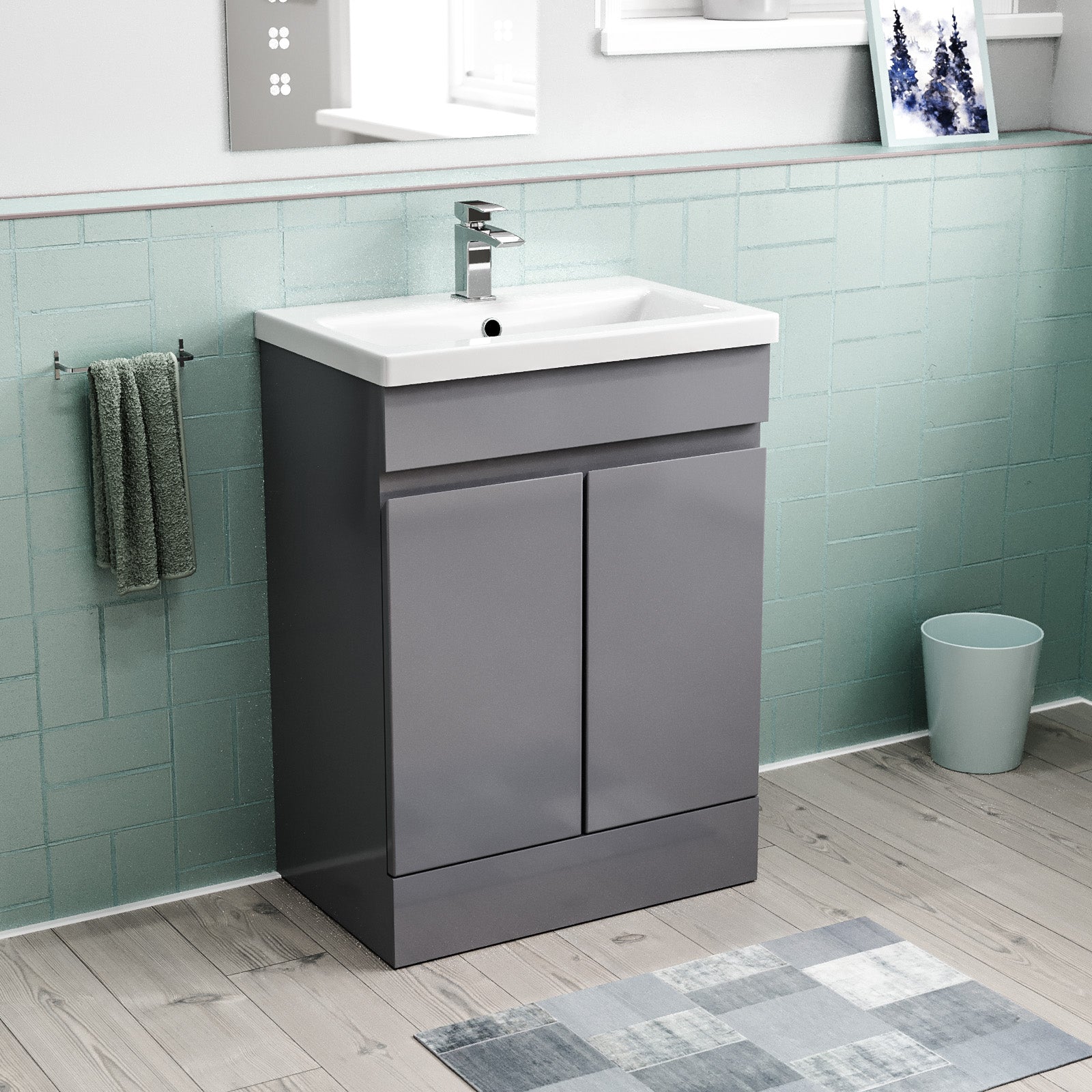 Alaska 600mm Freestanding Basin Vanity Unit 2 doors Steel grey Flat Pack