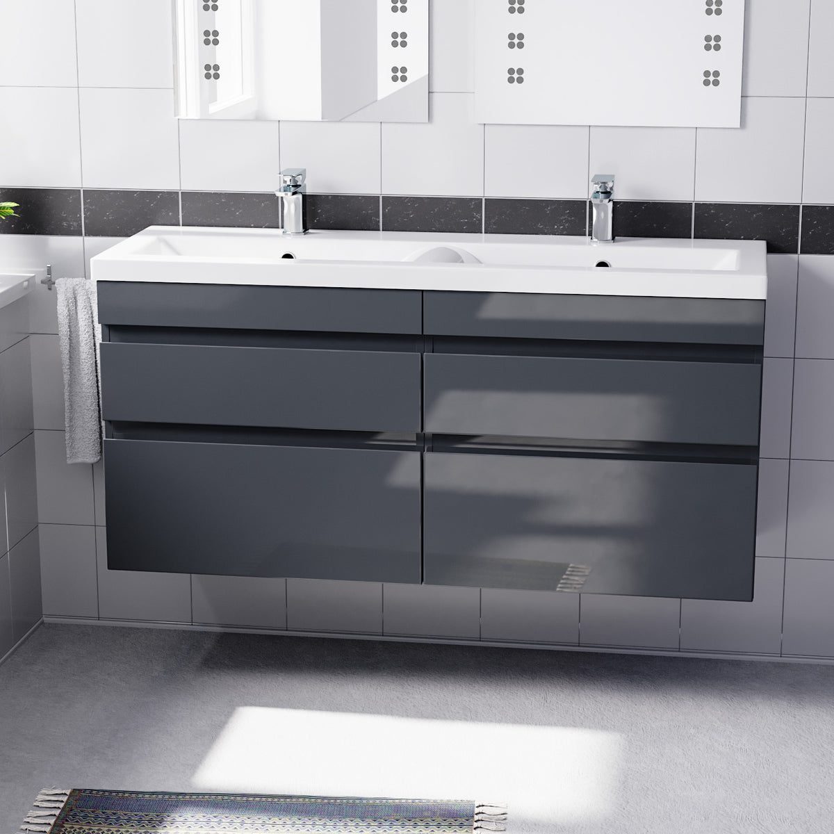 Set of 2 PVC Wall Hung 600mm Vanity & Ceramic Mid Edge Twin Basin - Anthracite