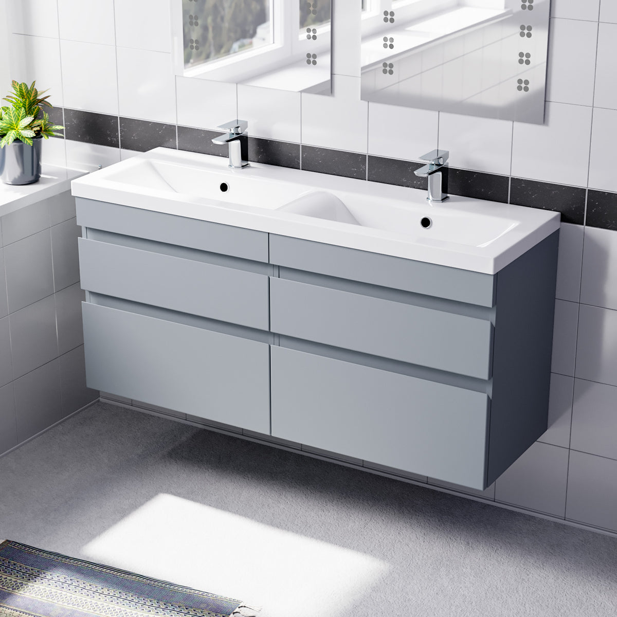 Set of 2 PVC Wall Hung 600mm Vanity & Ceramic Mid Edge Twin Basin - Matte Grey