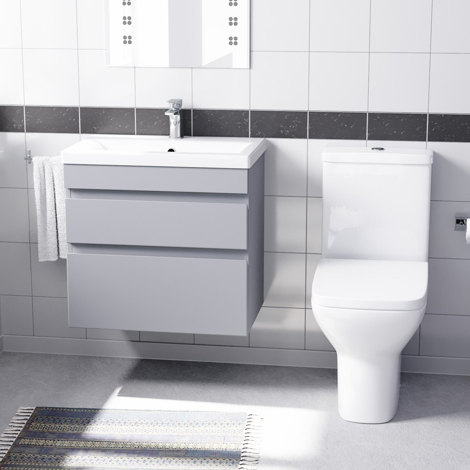 Alaska Matte Grey 600mm Wall Hung Drawers Vanity Unit & Rimless Toilet Set