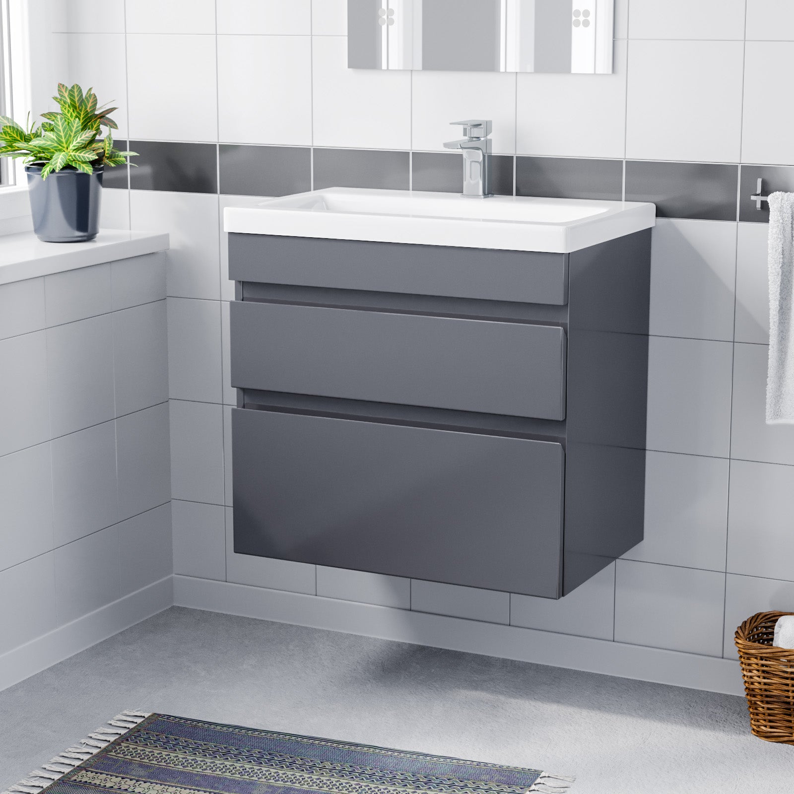 Alaska 600mm 2 Drawers Handless Wall Hung Basin Vanity Cabinet Unit Steel Grey