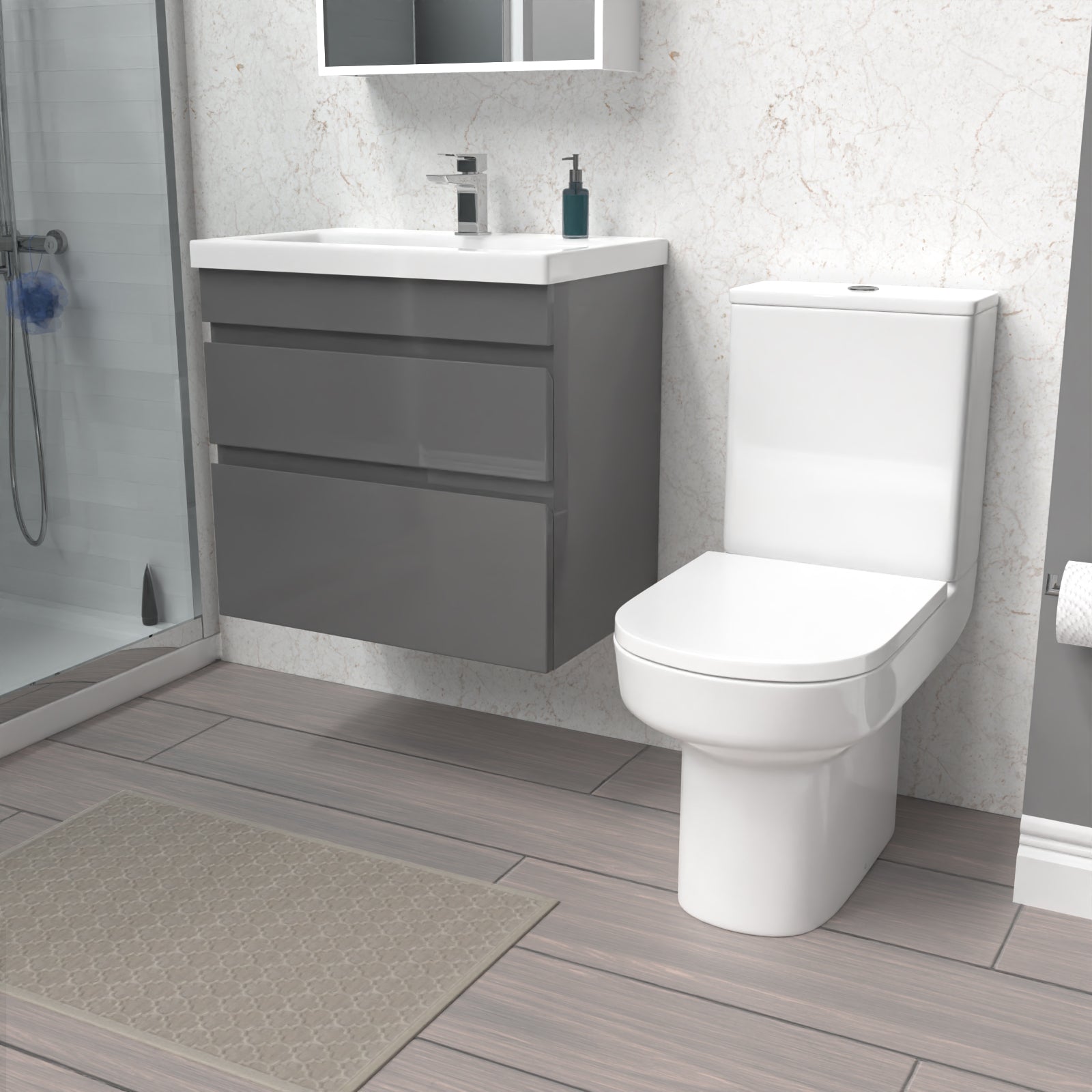 Alaska Steel Grey 600mm Drawers Vanity Unit Wall Hung & Rimless Toilet Set