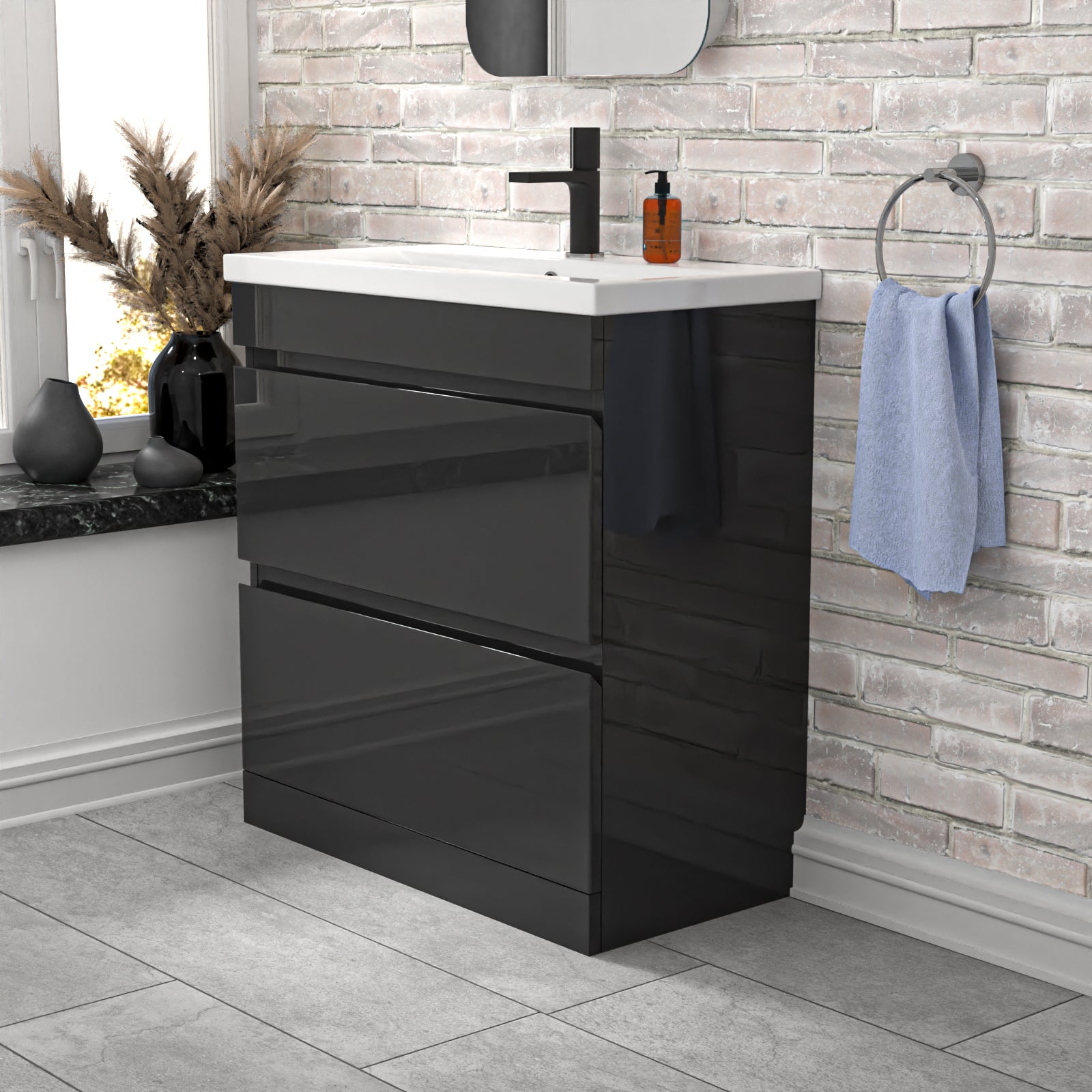 Alaska Dark Grey 800mm PVC 2 Drawer Vanity Cabinet & Basin Sink Floorstanding