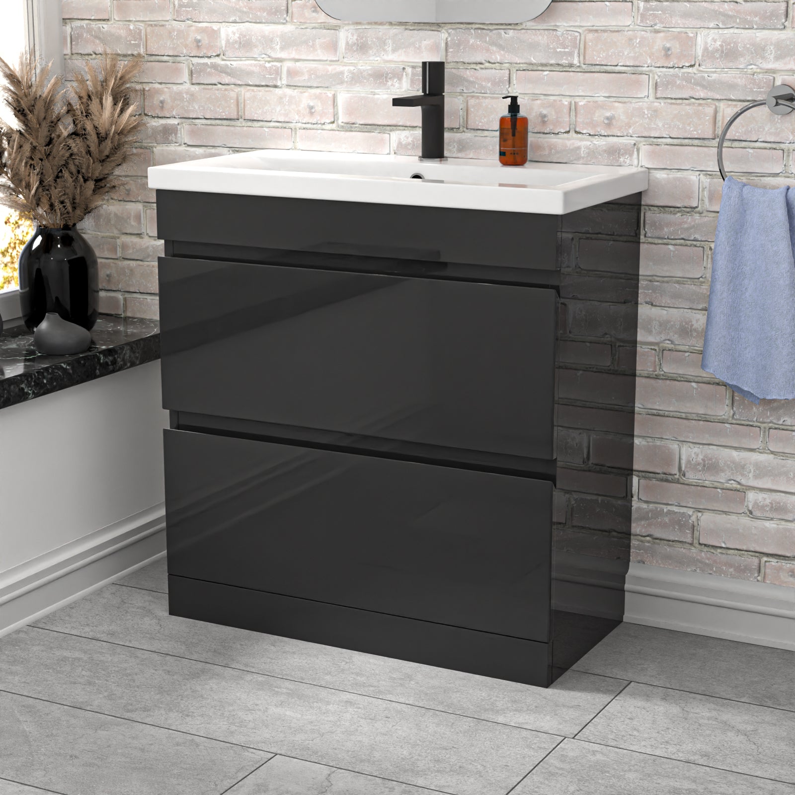 Alaska Dark Grey 800mm PVC 2 Drawer Vanity Cabinet & Basin Sink Floorstanding