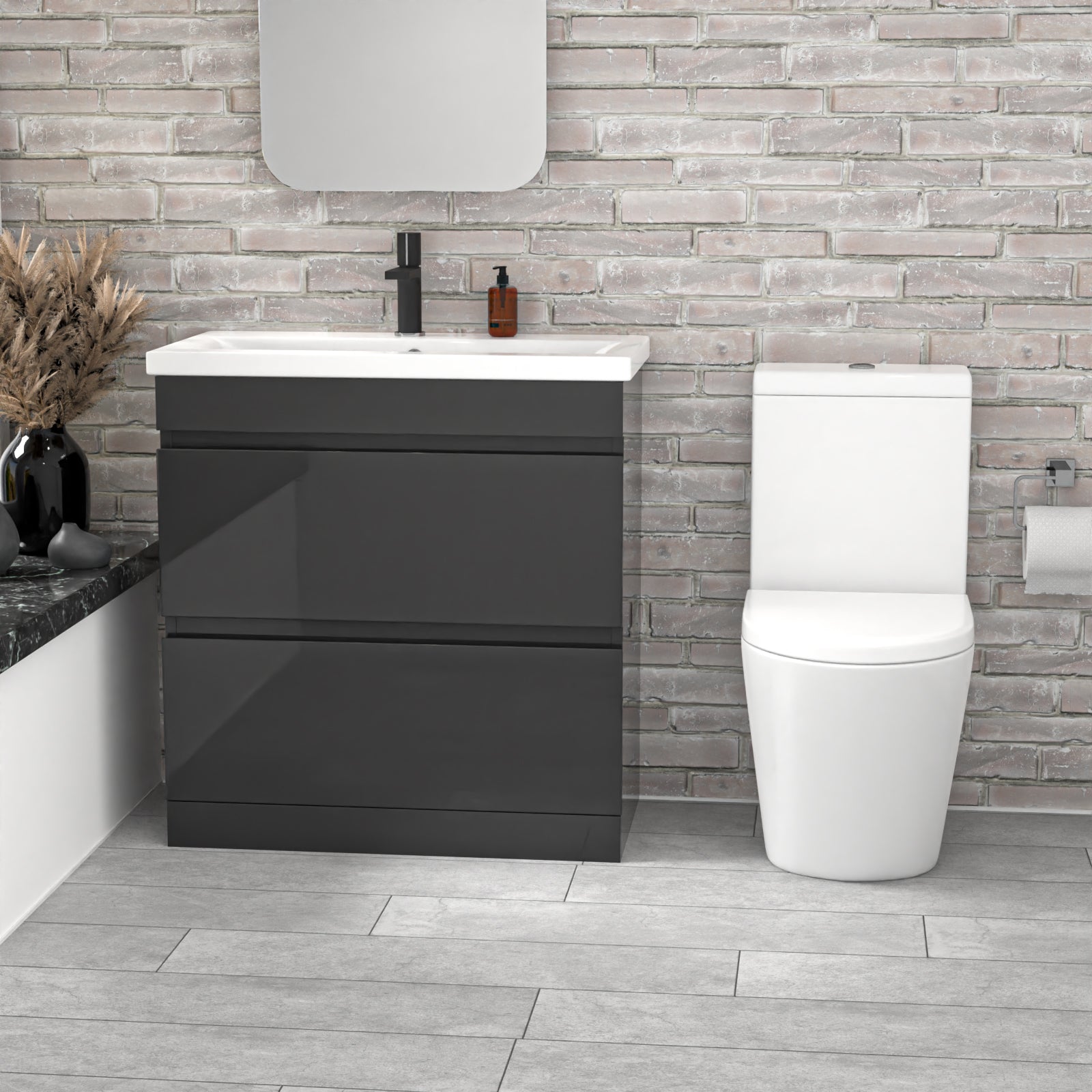 Alaska 800mm Dark Grey Handleless Drawers Basin Vanity Close Coupled Toilet