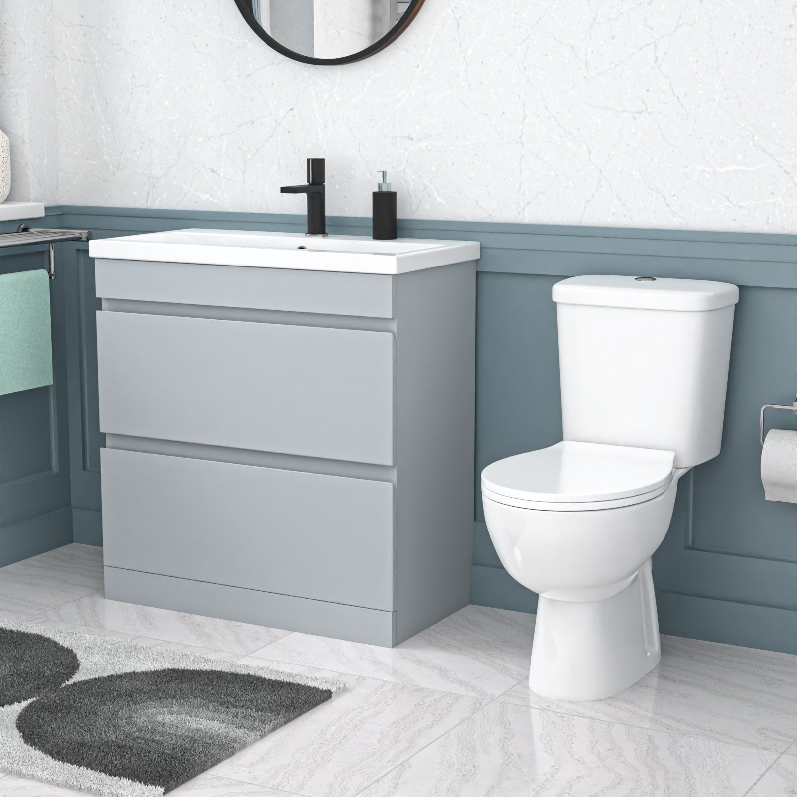 Alaska 800mm Matte Grey 2 Drawers Handleless Basin Vanity Close Coupled Toilet