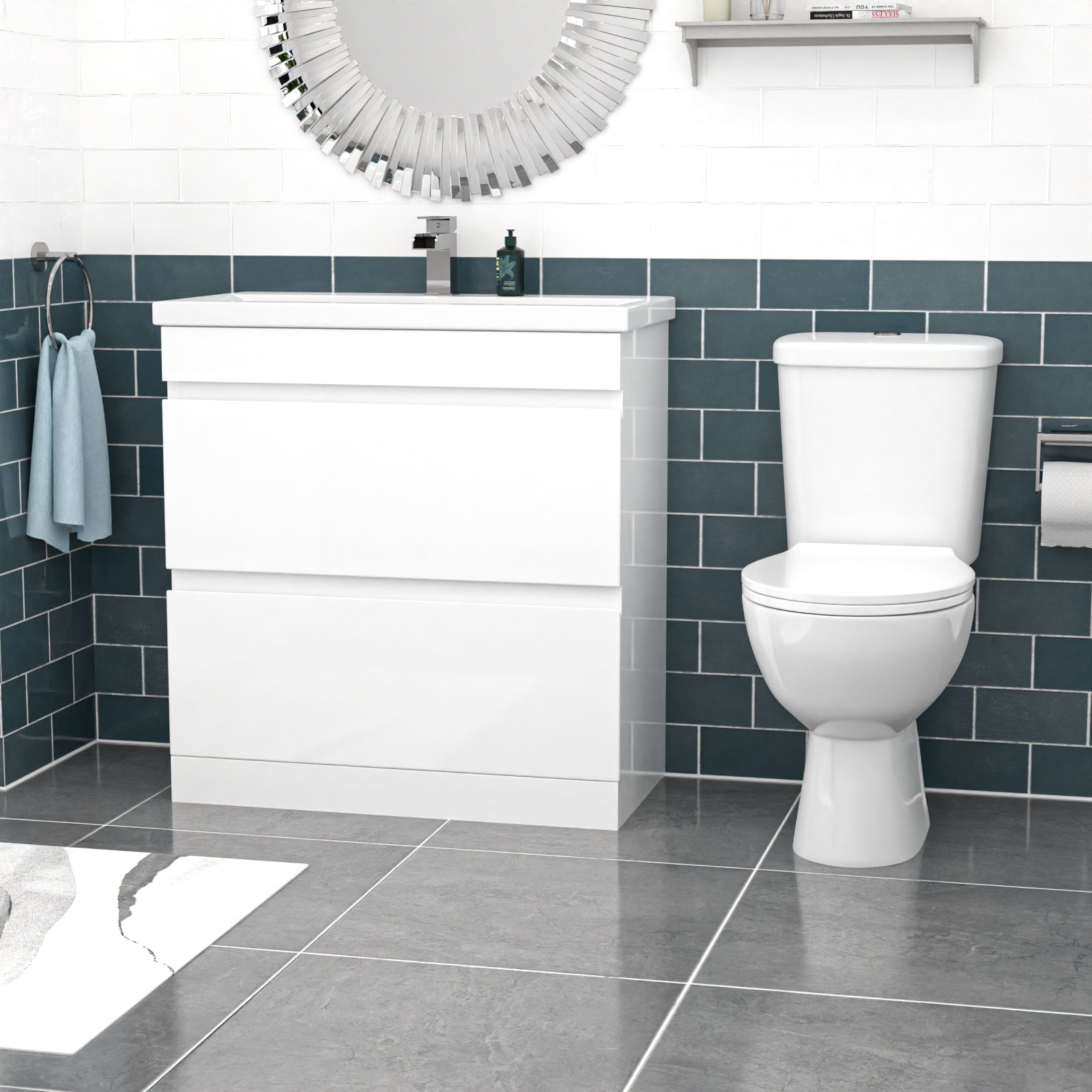 Alaska 800mm White 2 Drawers Handleless Basin Vanity Close Coupled Toilet