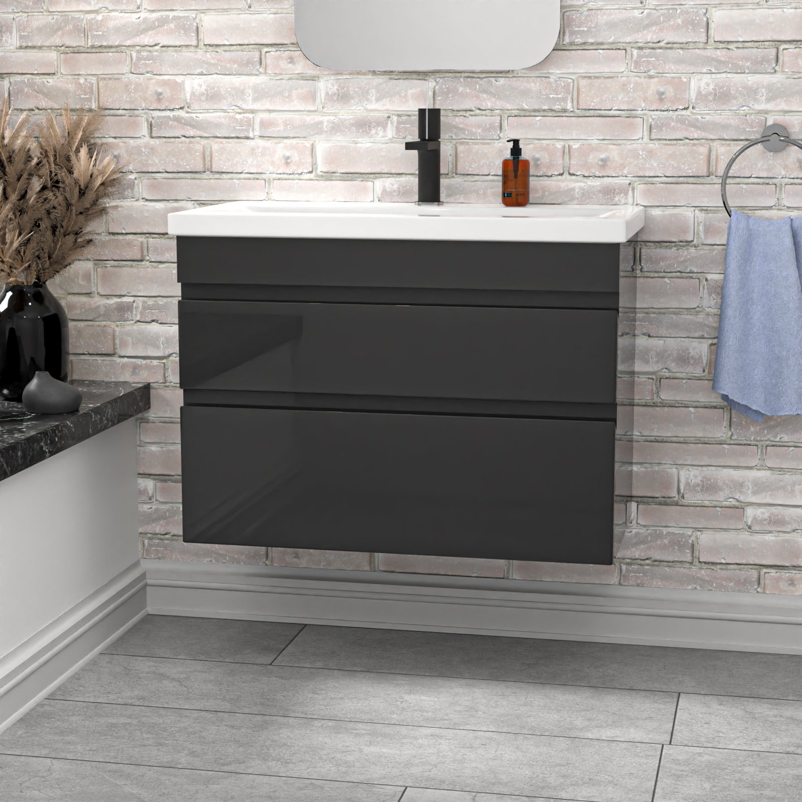 Alaska Wall Hung Dark Grey 800mm 2 Drawers Vanity Unit & Basin Sink