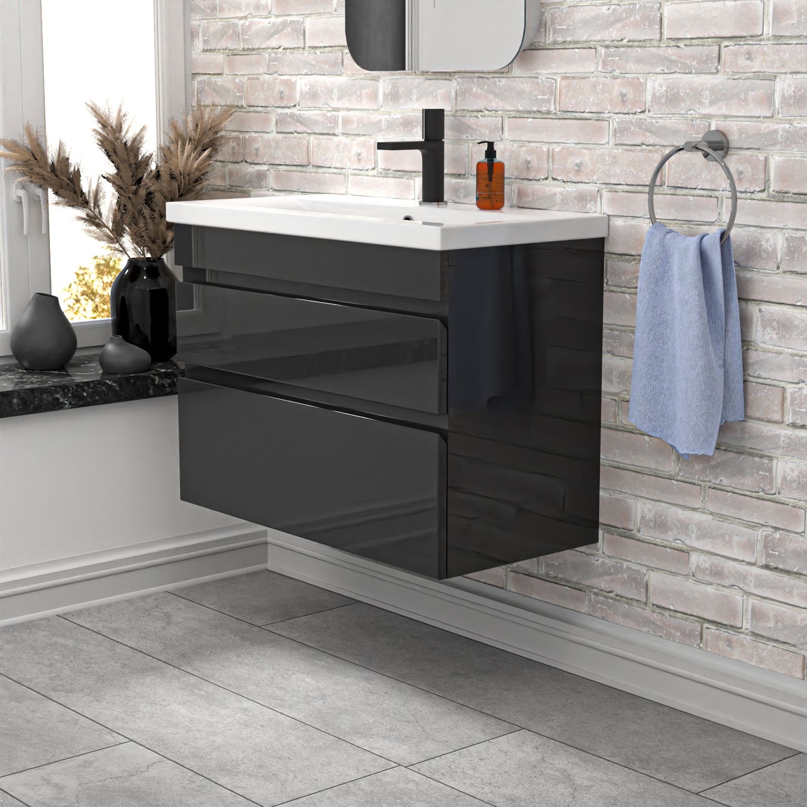 Alaska Dark Grey PVC 800mm Wall Hung Basin Vanity Cabinet Unit 2 Drawers