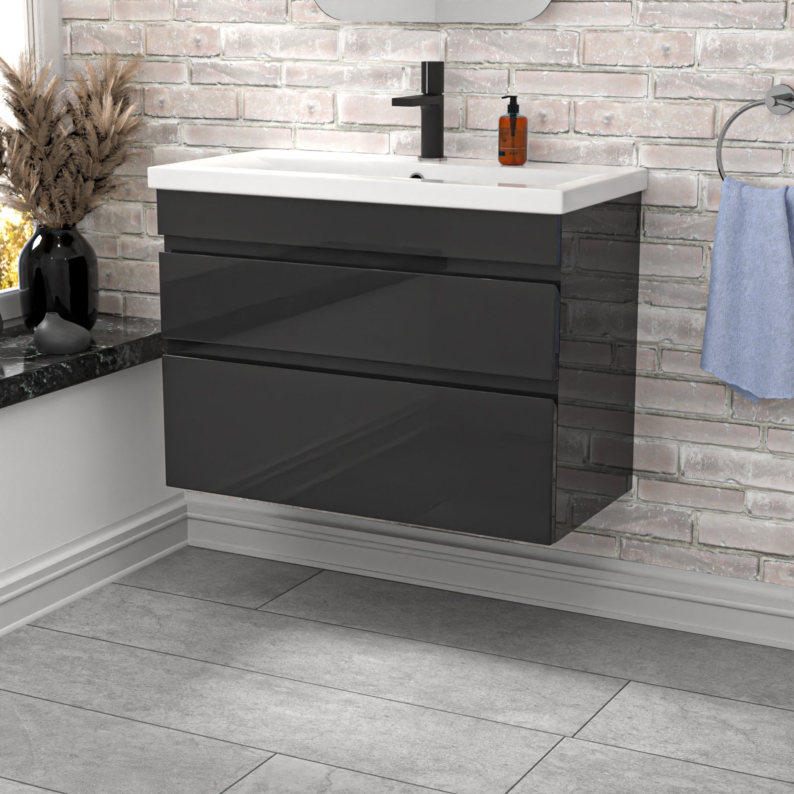 Alaska Dark Grey PVC 800mm Wall Hung Basin Vanity Cabinet Unit 2 Drawers