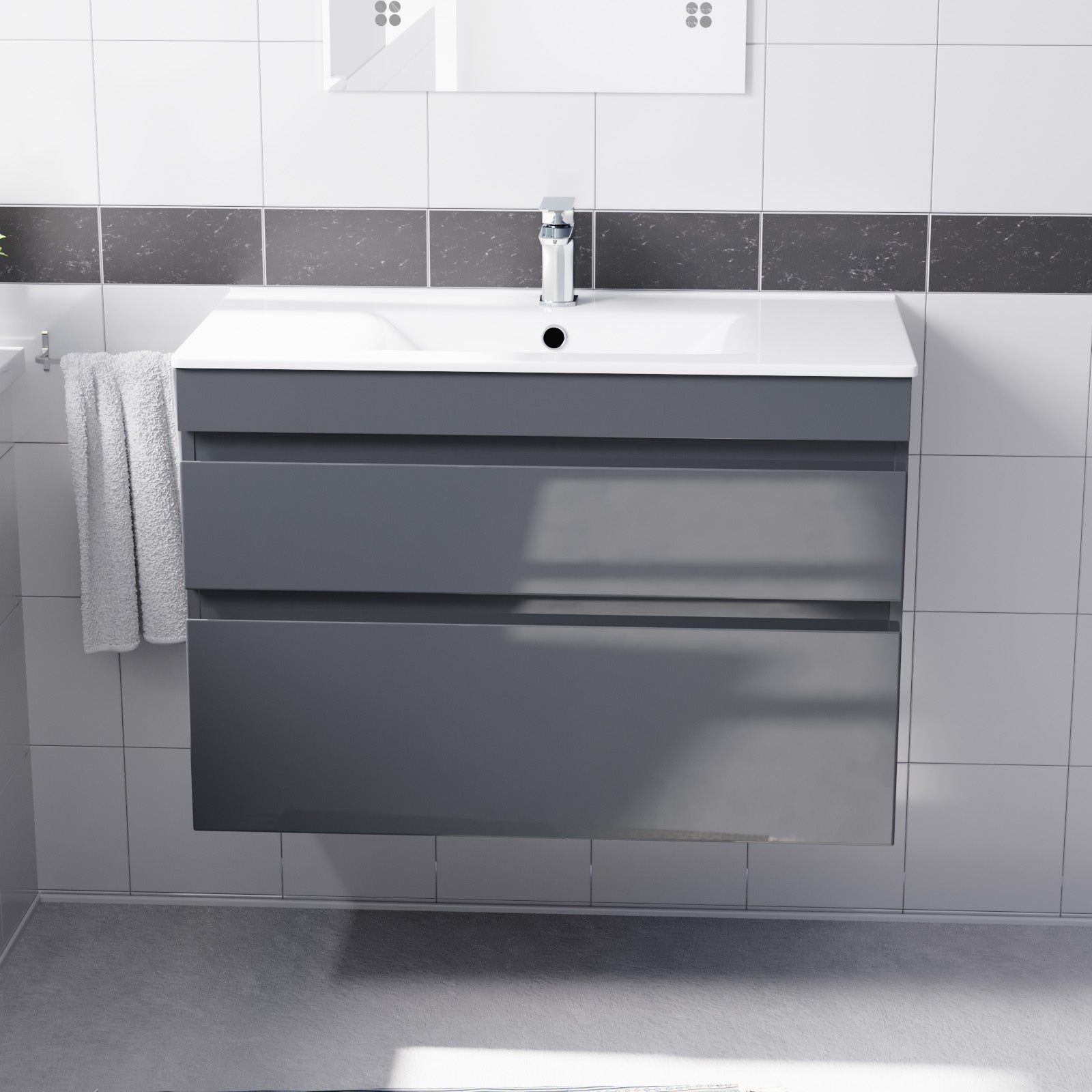 Alaska 800mm Dark Grey Wall Hung 2 Drawers Handleless Slim Basin Vanity Unit