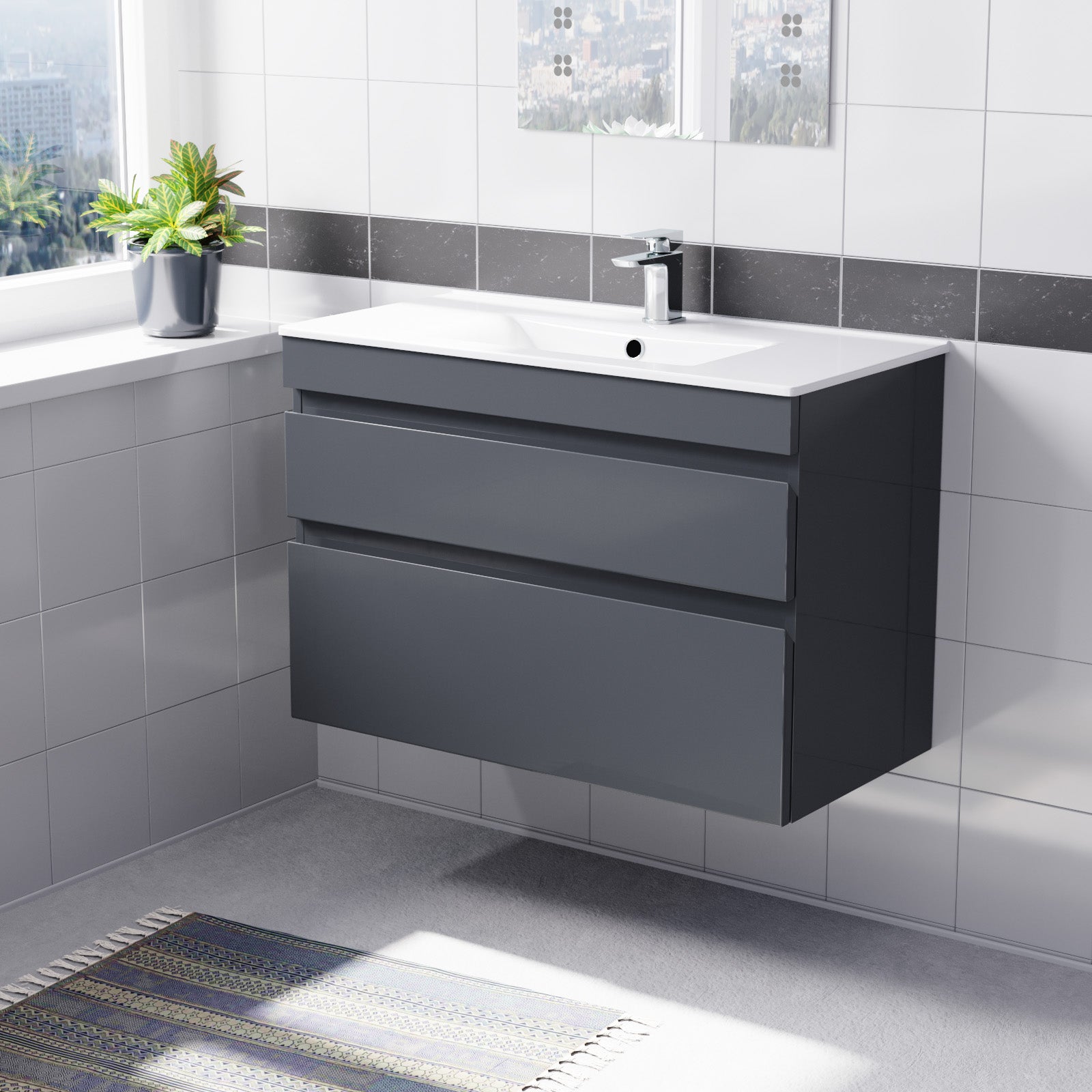 Alaska 800mm Dark Grey Wall Hung 2 Drawers Handleless Slim Basin Vanity Unit
