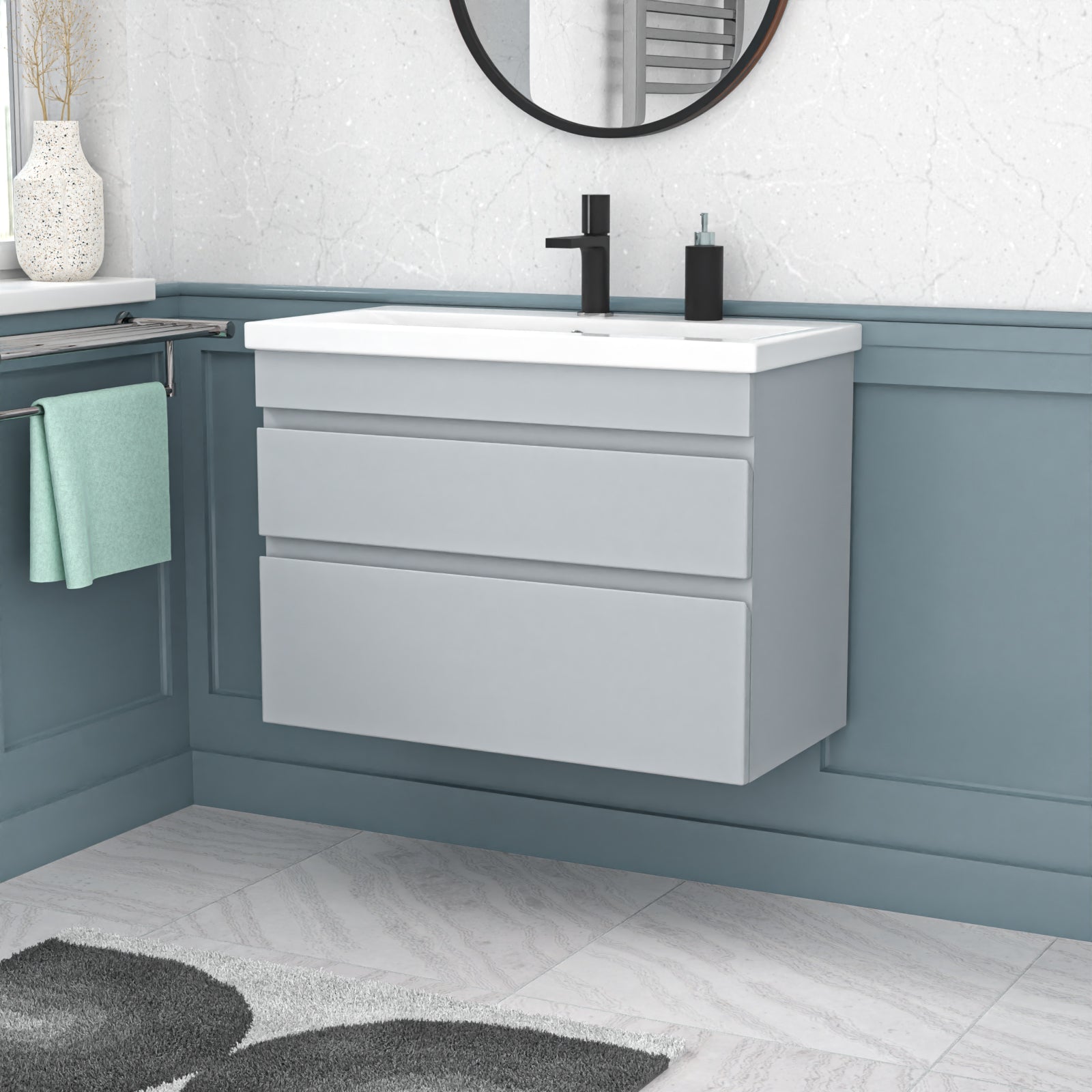 Alaska Wall Hung Matte Grey 800mm 2 Drawers Vanity Unit & Basin Sink