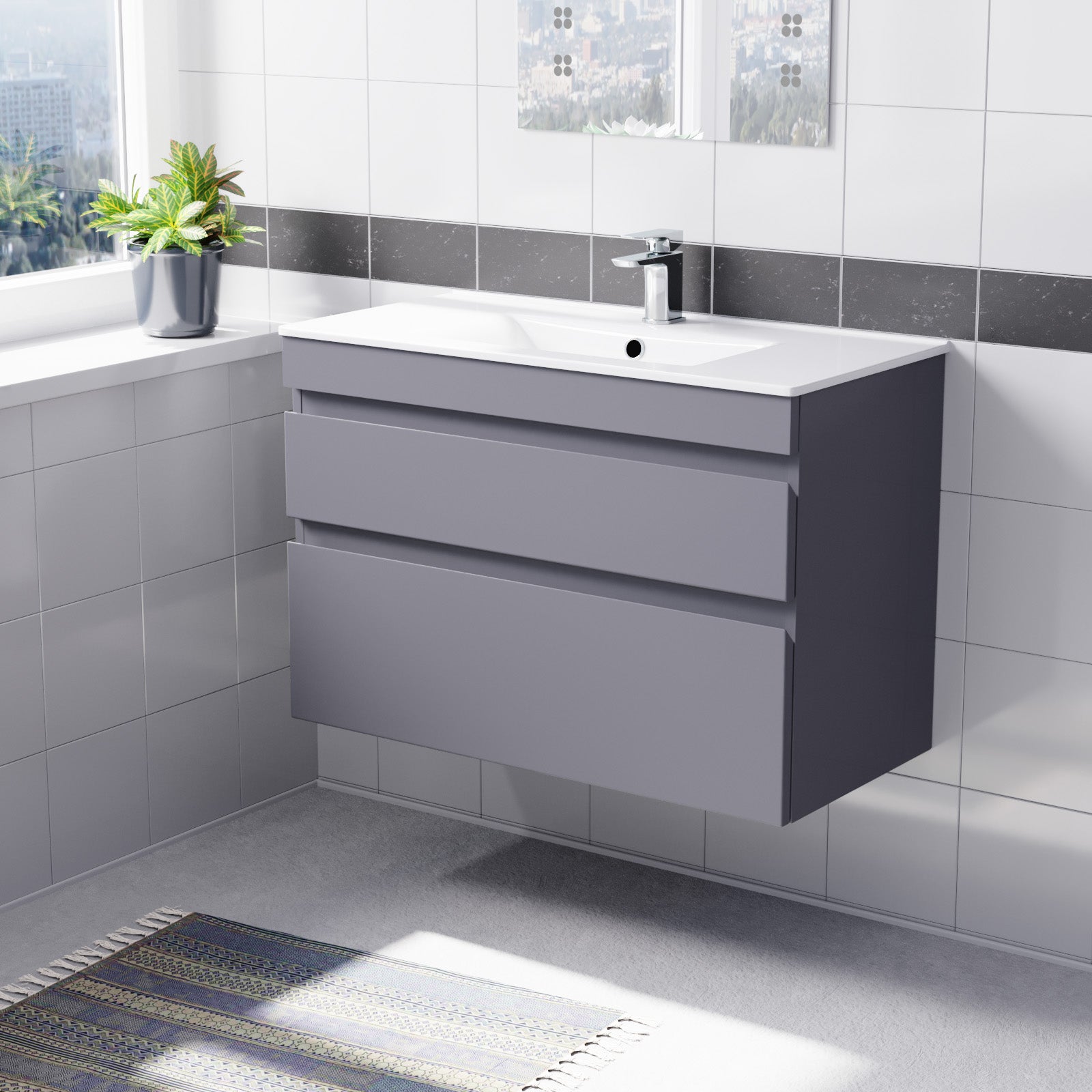 Alaska 800mm Grey Wall Hung 2 Drawers Handleless Slim Basin Vanity Unit