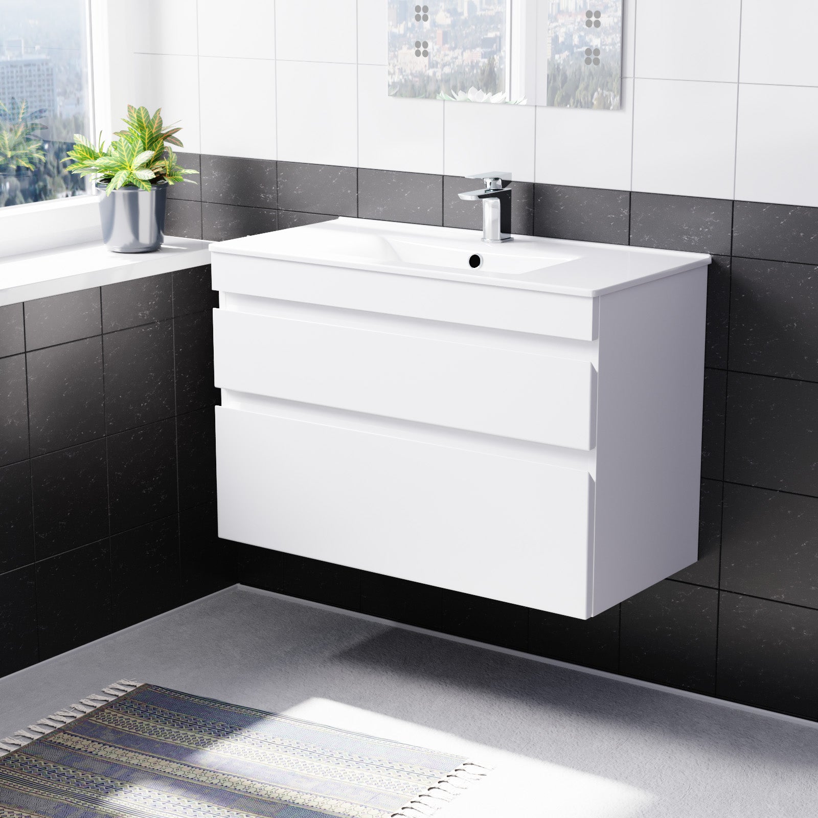 Alaska 800mm Matte Grey Wall Hung 2 Drawers Handleless Slim Basin Vanity Unit