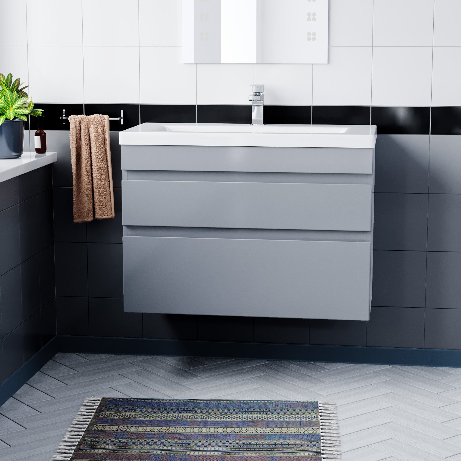 Alaska Minimalist 800mm Wall Hung Grey Basin Vanity Cabinet Unit 2 Drawers
