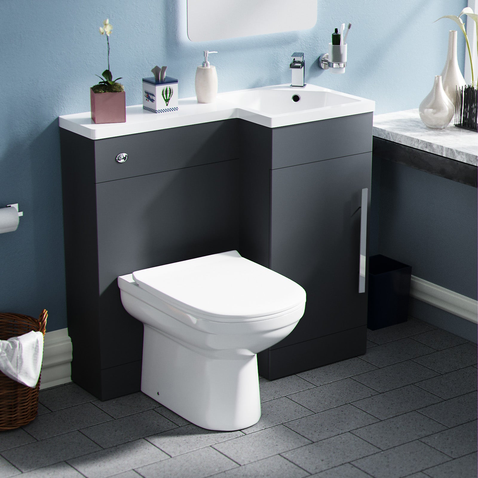 Alaska 900mm Right Hand Matt Grey Basin Vanity, WC Unit & Back To Wall Toilet