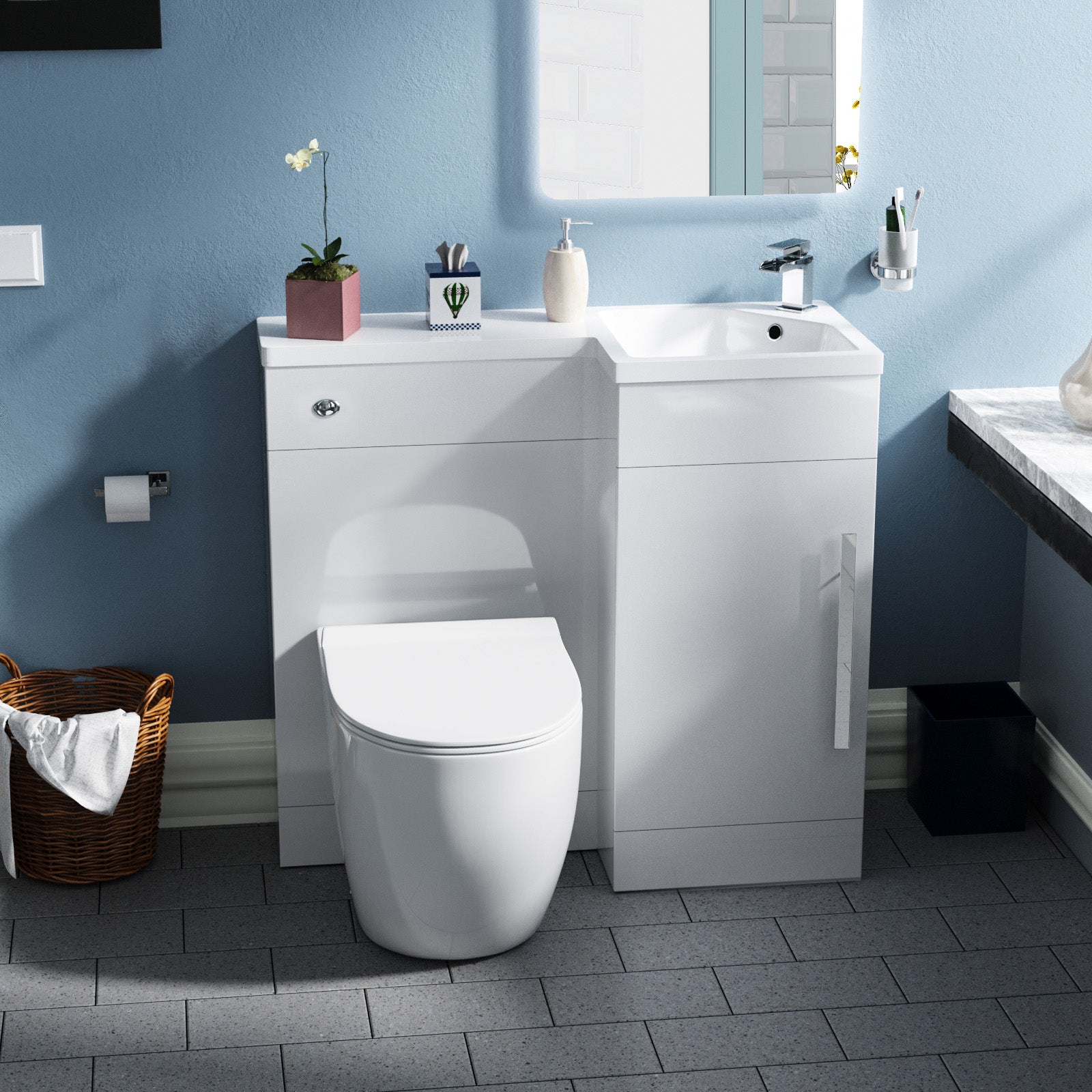Alaska White 900mm RH Basin WC Unit & BTW Toilet
