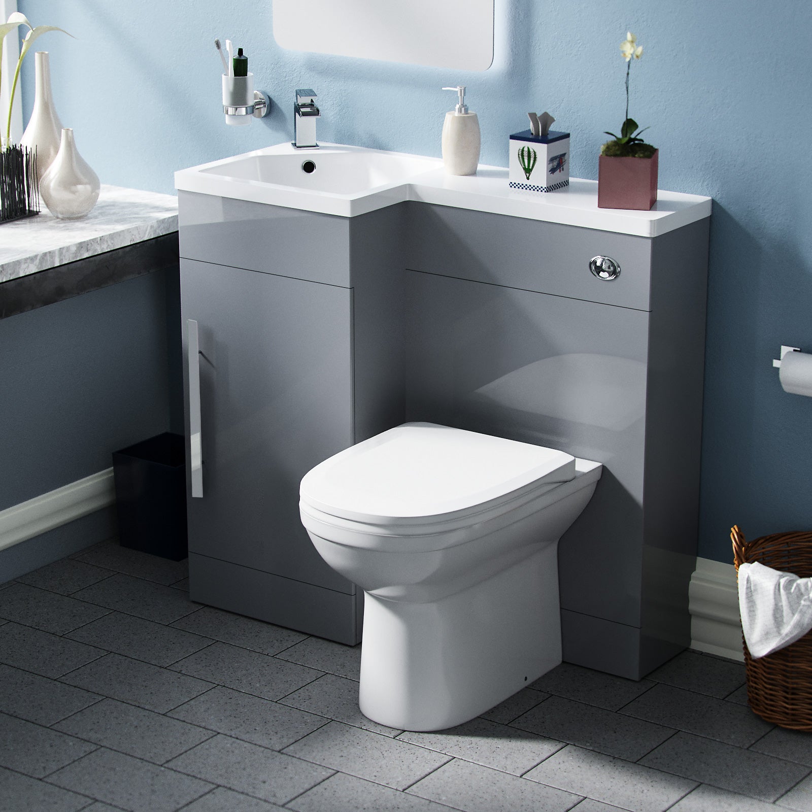 Alaska 900mm Vanity Basin Unit, WC Unit & Elso Back To Wall Toilet Grey