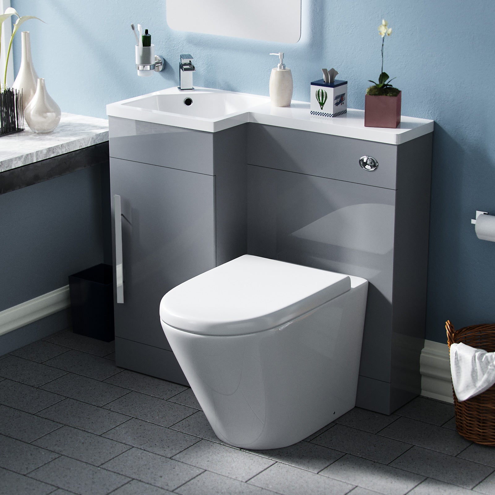 Alaska 900mm Light Grey Left Hand WC Vanity Unit Sink Toilet Suite Flat Pack