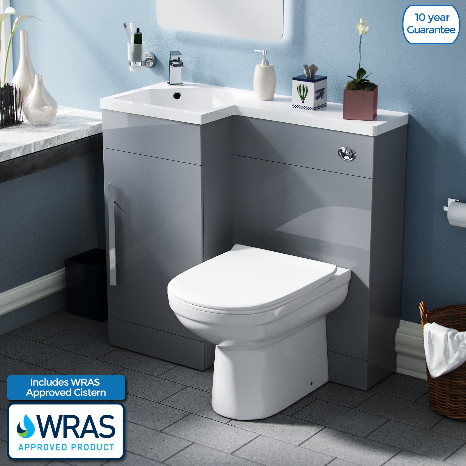 Alaska Light Grey L-Shape Left Hand 900mm Vanity Cabinet and Toilet Set Flat Pack