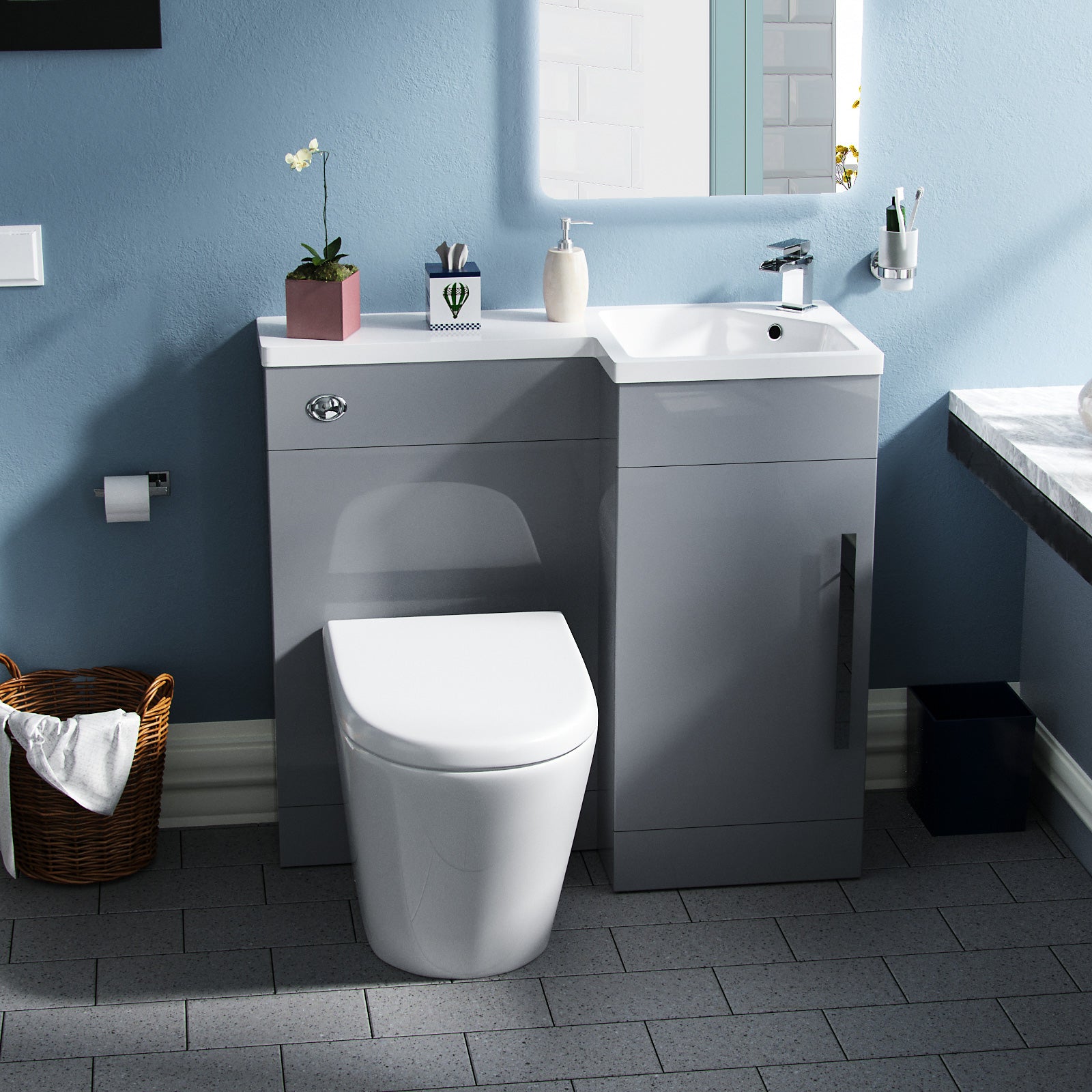 Alaska 900mm Light Grey Right Hand WC Basin Vanity and Toilet Unit Flat Pack