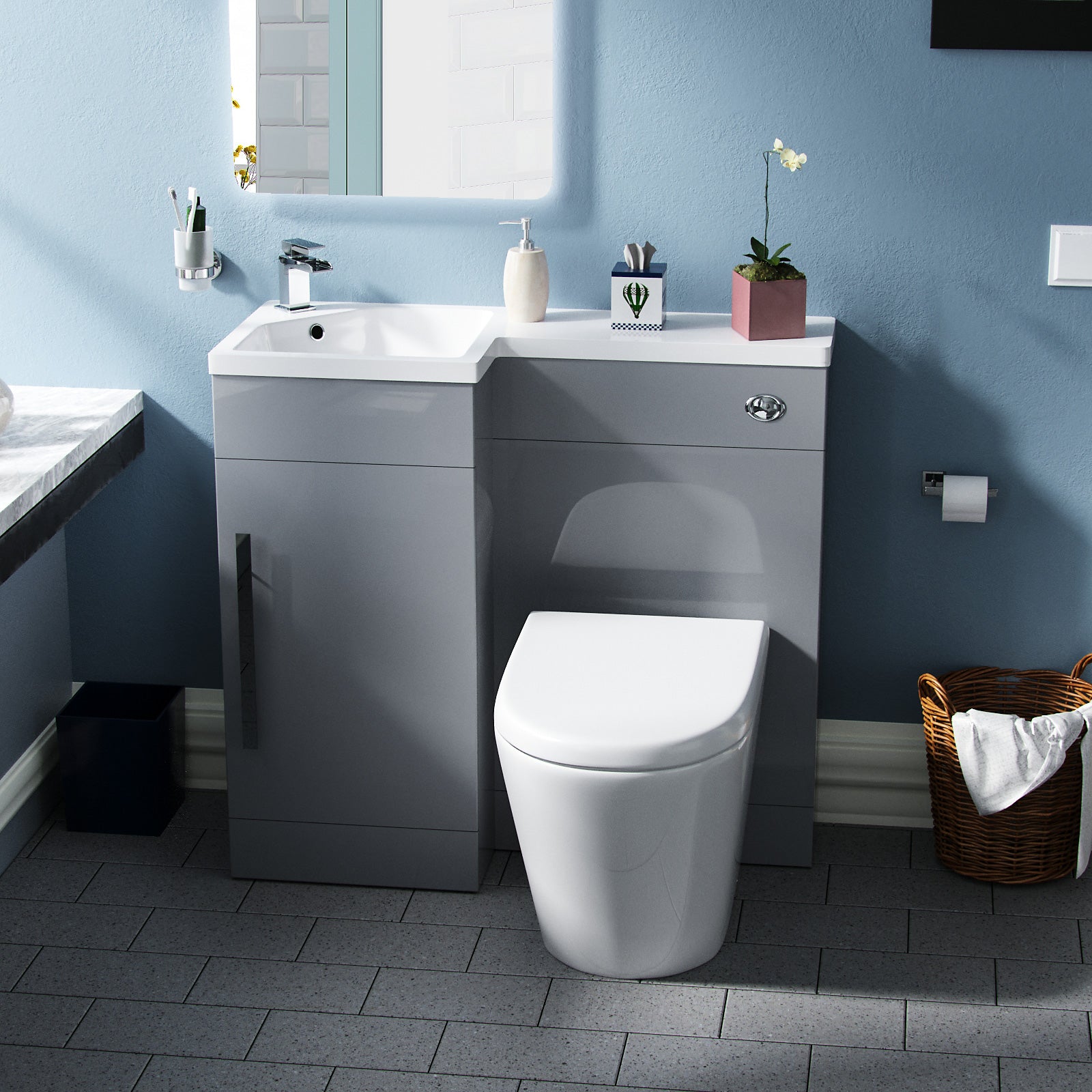 Alaska 900mm Light Grey Left Hand WC Vanity Unit Sink Toilet Suite Flat Pack