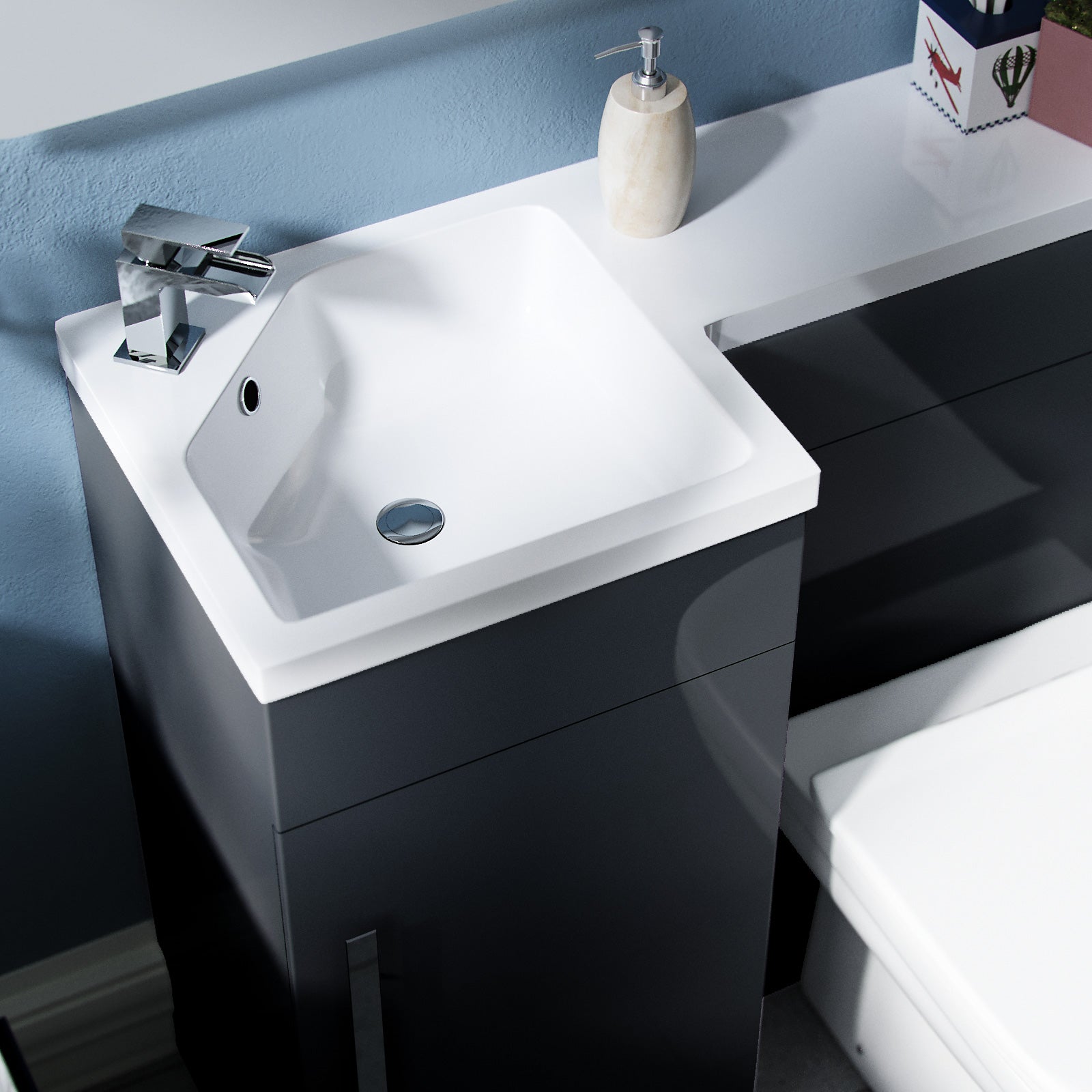 Alaska Flat Pack 900mm Vanity Basin Unit, WC Unit & Welbourne Back to Wall Toilet Grey