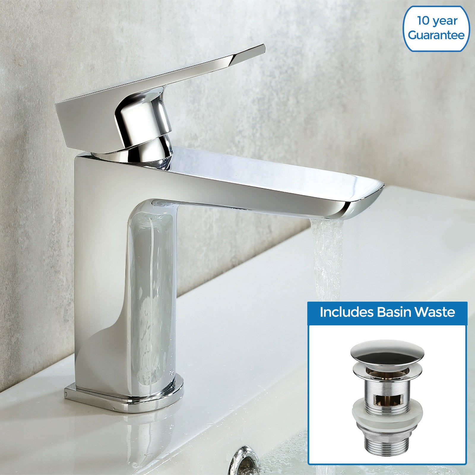 Astra Modern Chrome Bathroom Basin Mono Mixer Tap + Waste