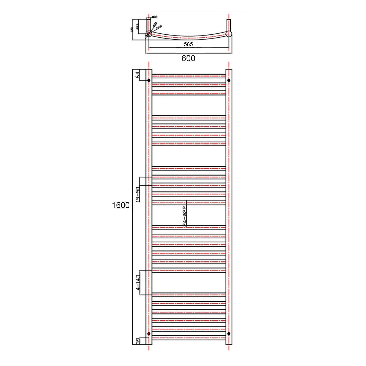 Towel Rail Radiator 1600 X 600 mm Horizontal Curved Chrome