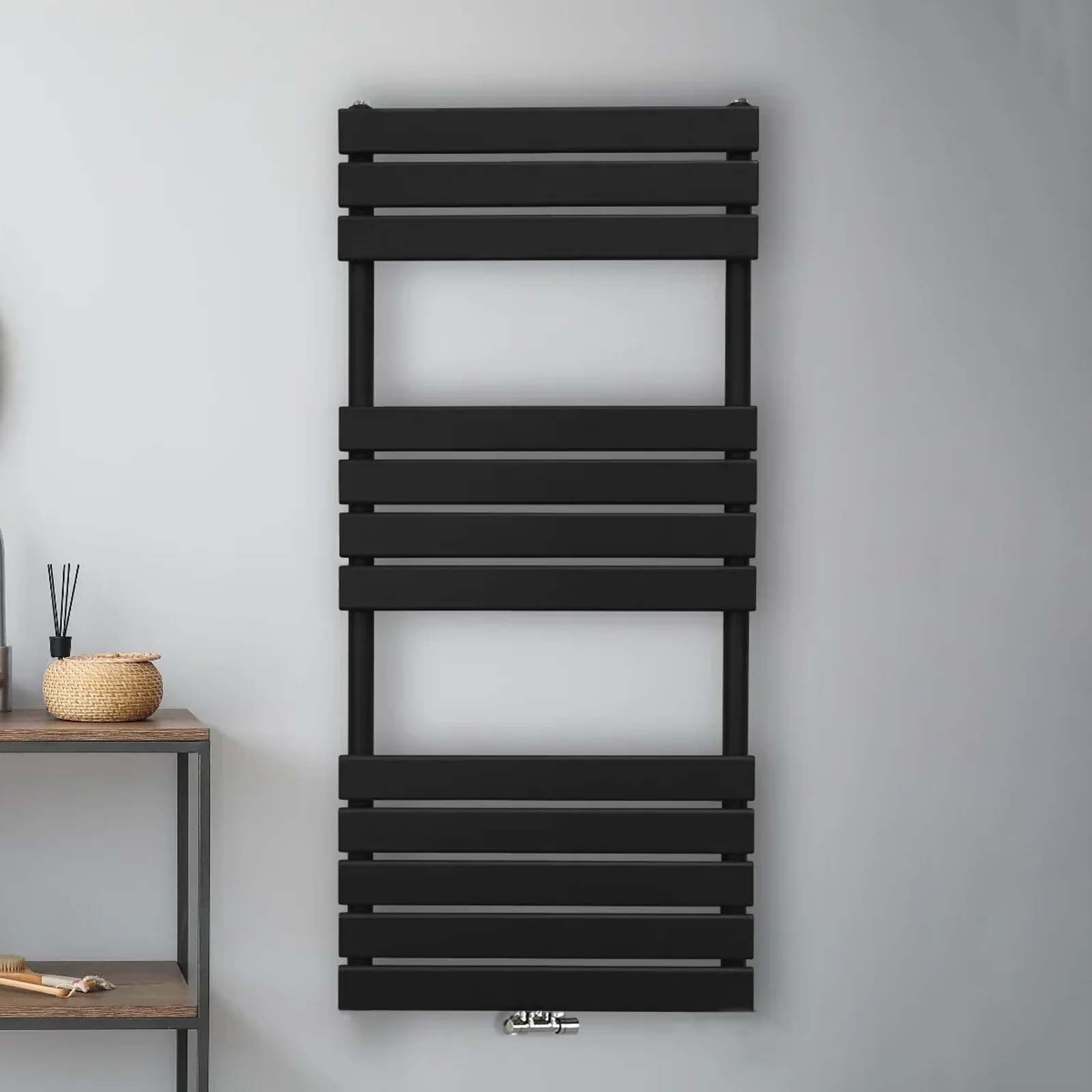 Vertical Central Connection Towel Radiator Black Single Flat Tube 1200 x 600 mm