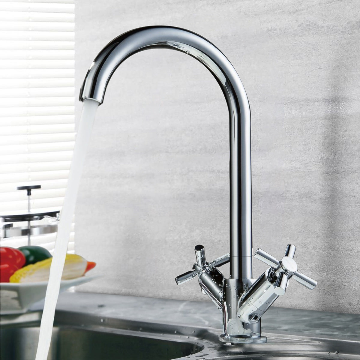 Contemporary Chrome Cross Handle Kitchen Mixer Tap With Swivel Spout