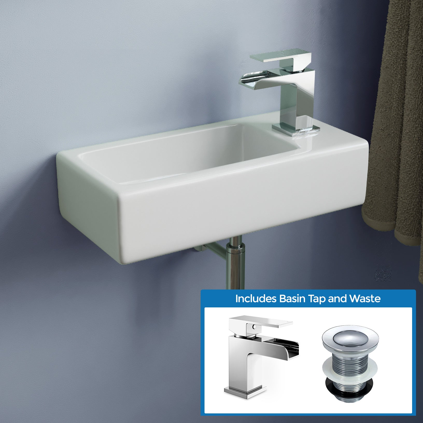 Alvey Wall Hung Right Handed Cloakroom 360mm Basin Sink Waterfall Mono Tap Waste