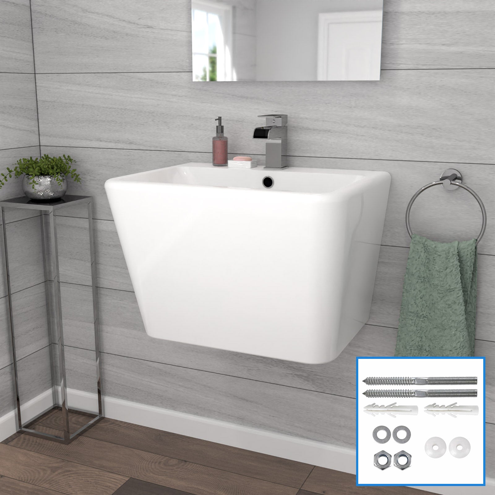 White Modern Rectangle Square Wall Hung Ceramic Basin