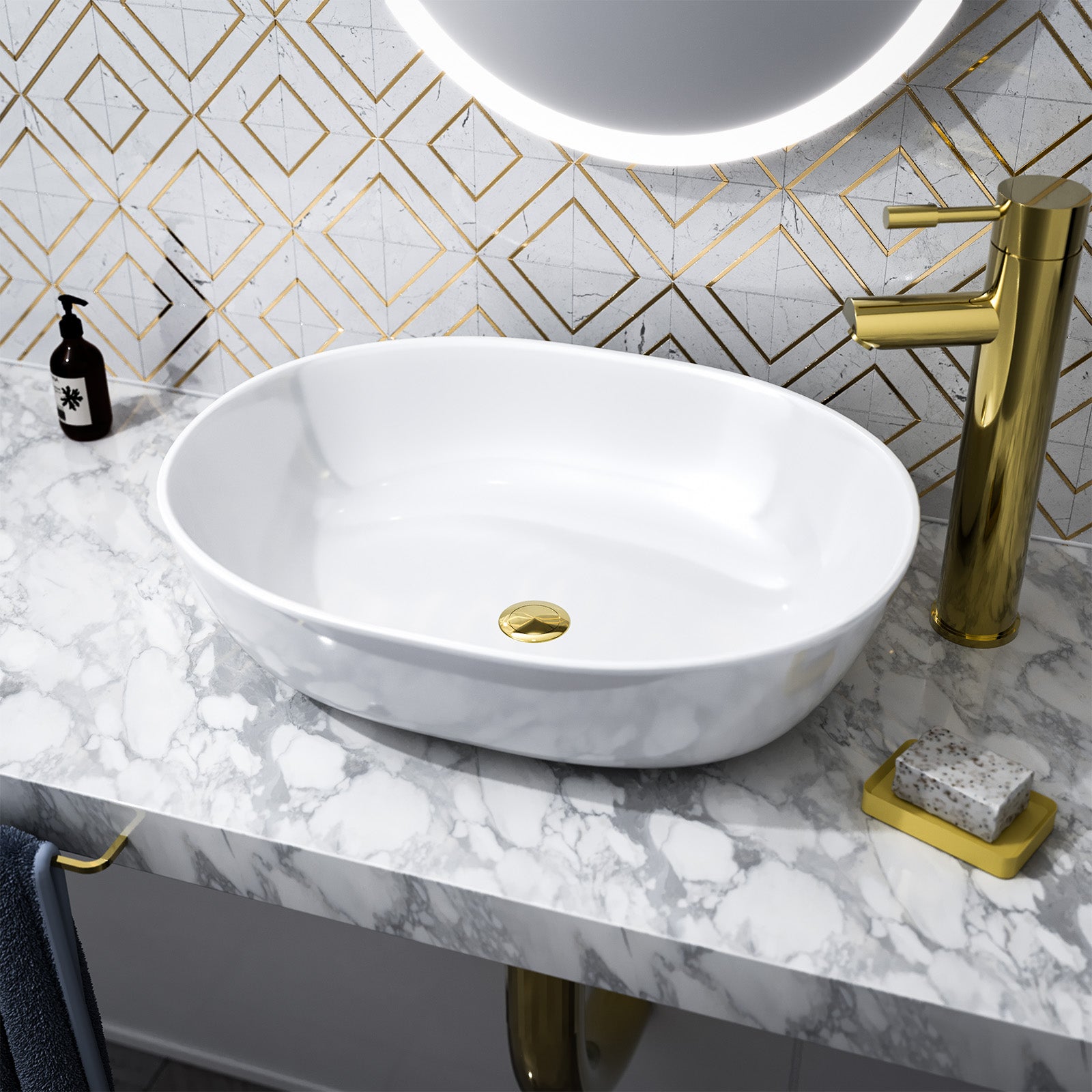 Alveley 480 x 350mm Oval Cloakroom Counter Top Basin Sink Bowl Gloss White