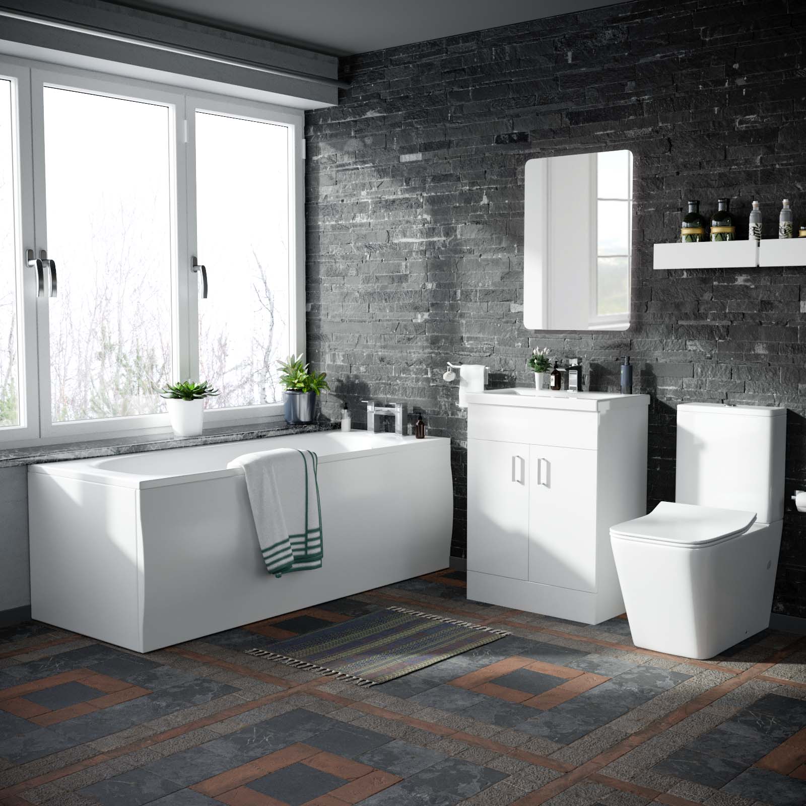 Harris Bath, Rimless Toilet Vanity Unit Three Piece White Bathroom Suite