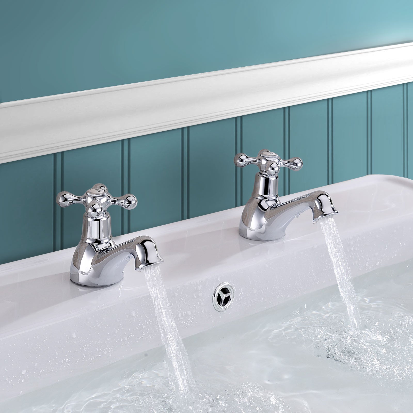 Stafford Classic Cross Head Basin Hot & Cold Tap Pair Solid Brass with Square Cap Waste