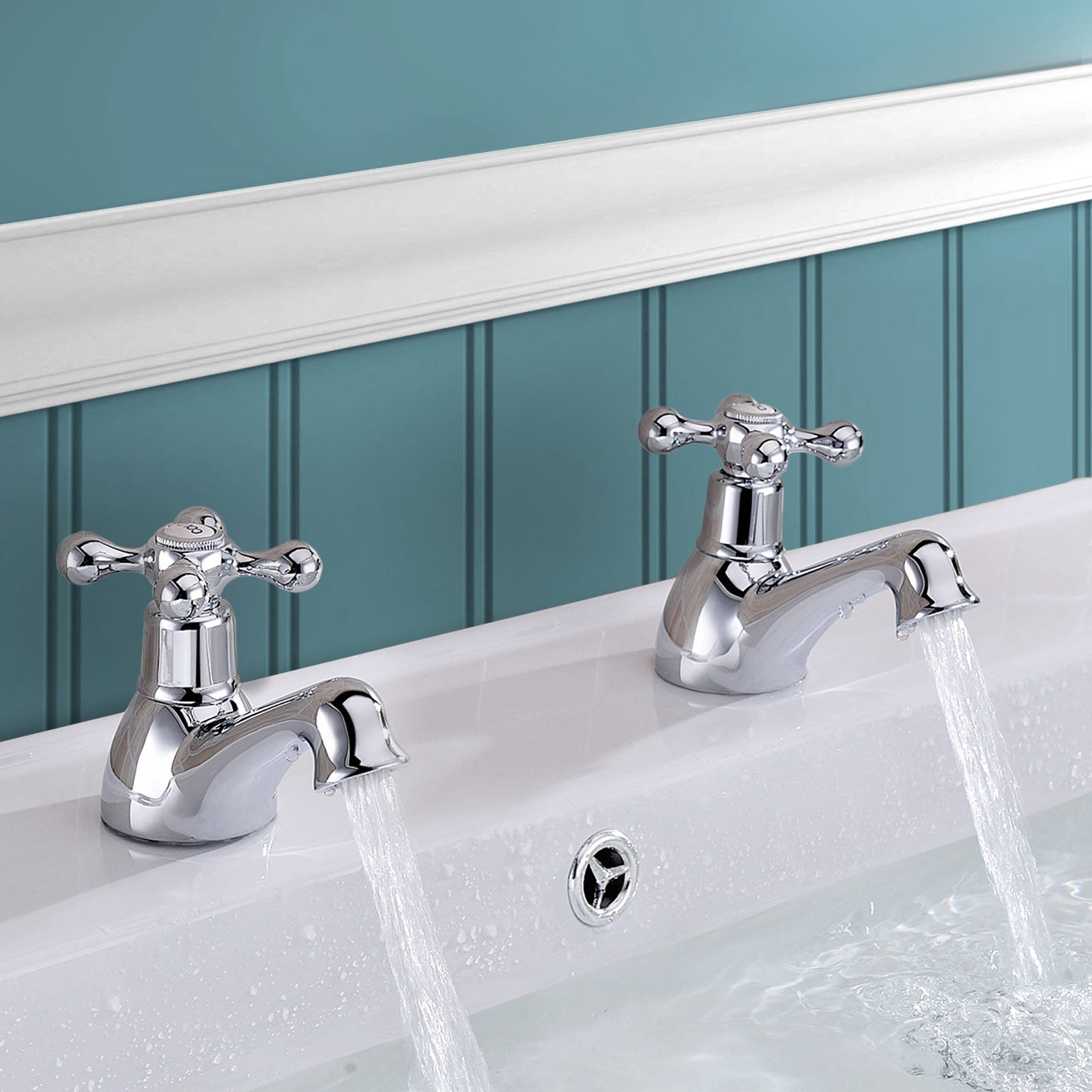 Stafford Classic Cross Head Basin Hot & Cold Tap Pair Solid Brass with Square Cap Waste