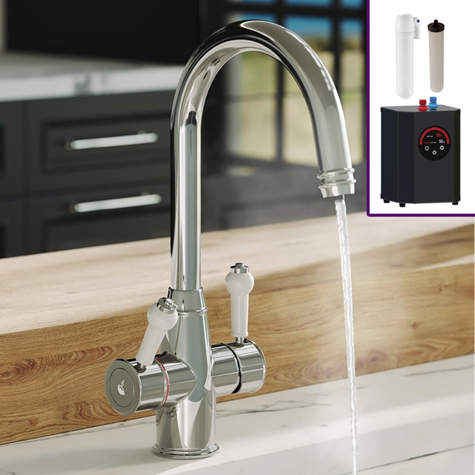 3 in 1 Single Lever Boiler Kitchen Mixer Complete Tap Set - Chrome