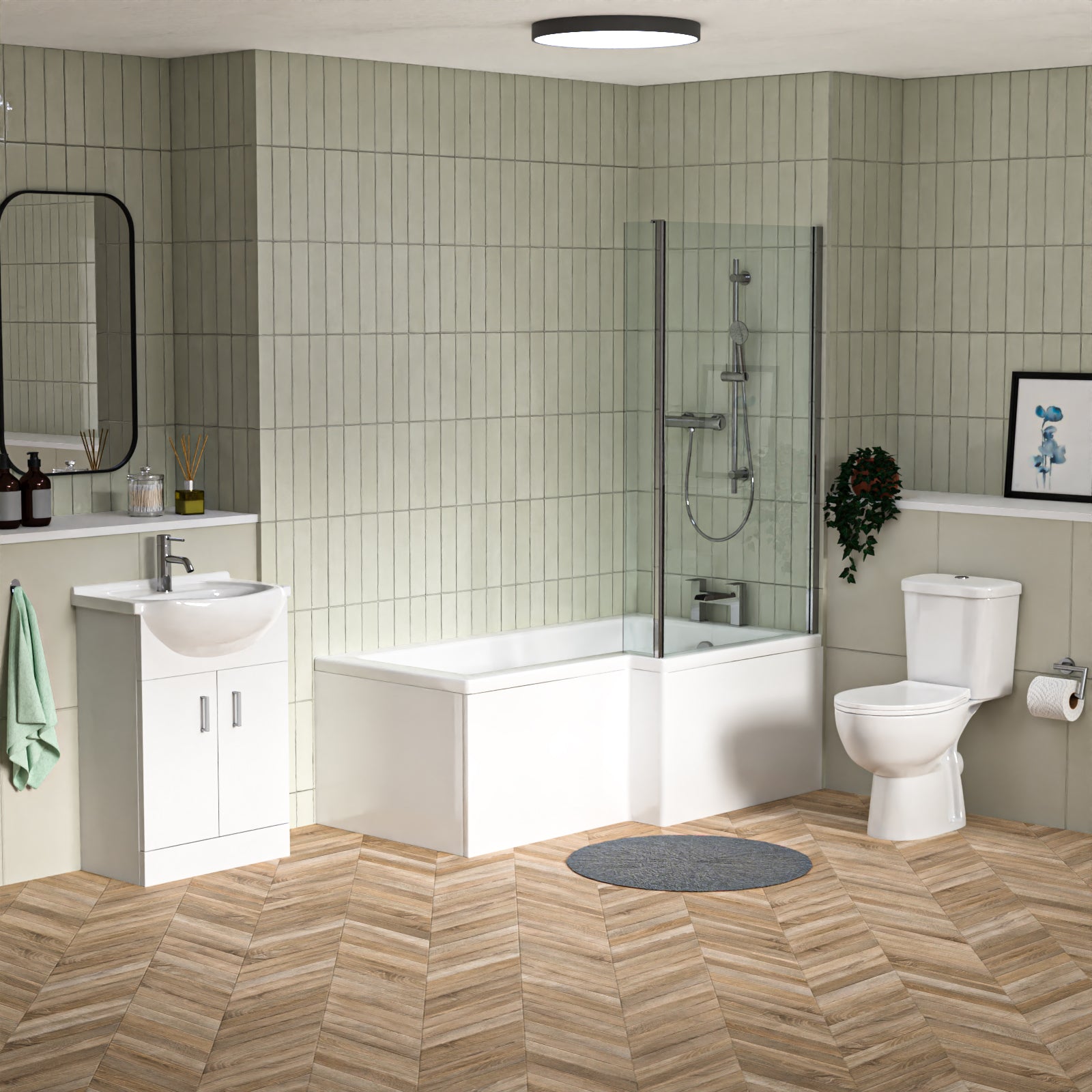 1500mm RH L-Shaped Bath, Front Panel, Screen With 500mm Vanity & Toilet