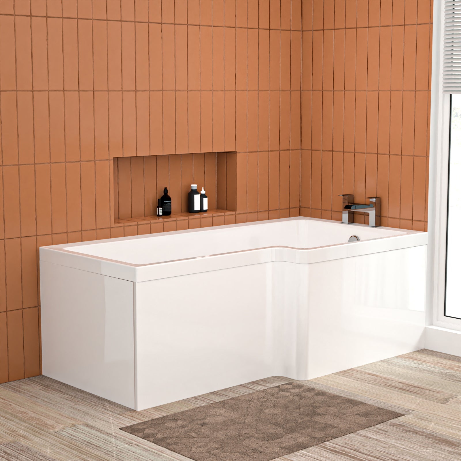 L Shaped RH 1600mm Curved Shower Bath Acrylic & Front Panel