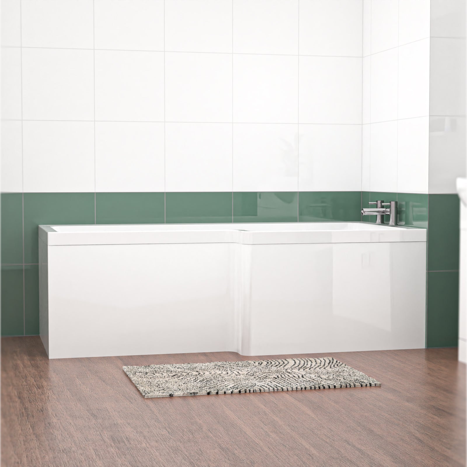 L Shaped RH 1800mm Curved Shower Bath Acrylic & Front Panel