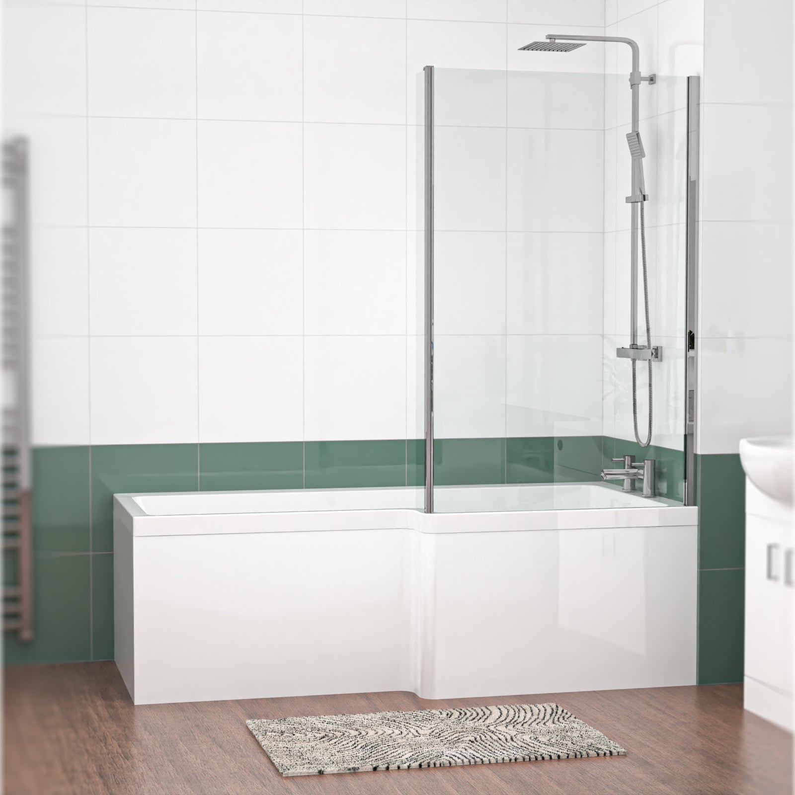 L Shaped RH 1800mm Curved Shower Bath Acrylic Front Panel & Screen
