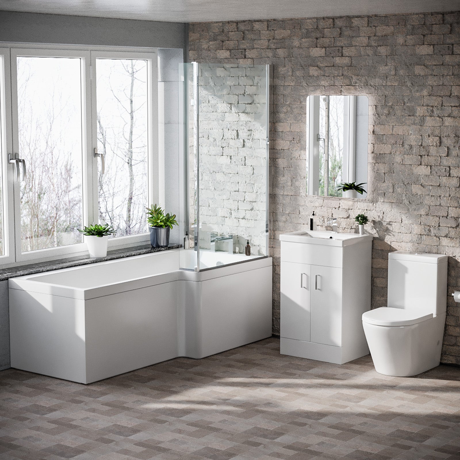 1800mm RH L Shaped Bath, Front Panel, Screen With 500mm Vanity & Toilet