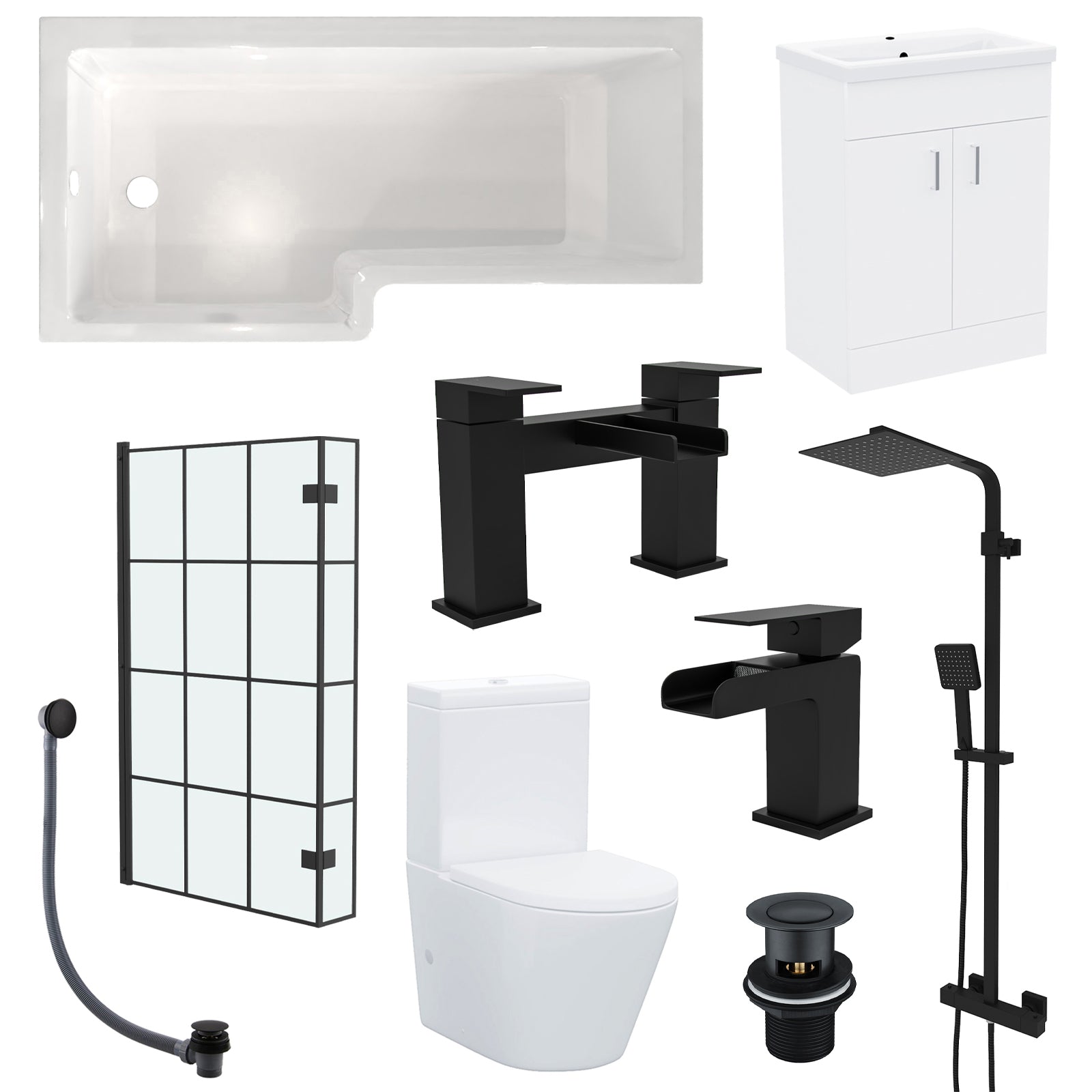 Nanuya L-Shaped LH Shower Bath Basin Vanity Toilet Set Matte Black Taps