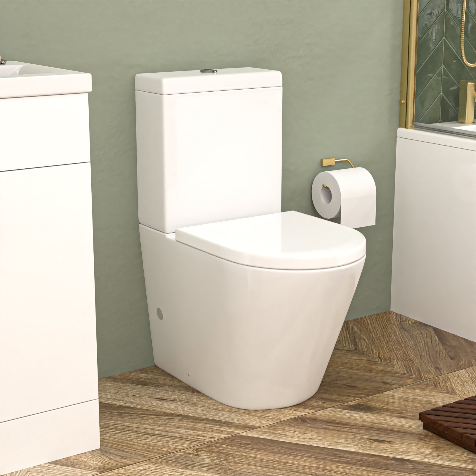 Nanuya L-Shaped LH Shower Bath Basin Vanity Toilet Set Brushed Brass Taps