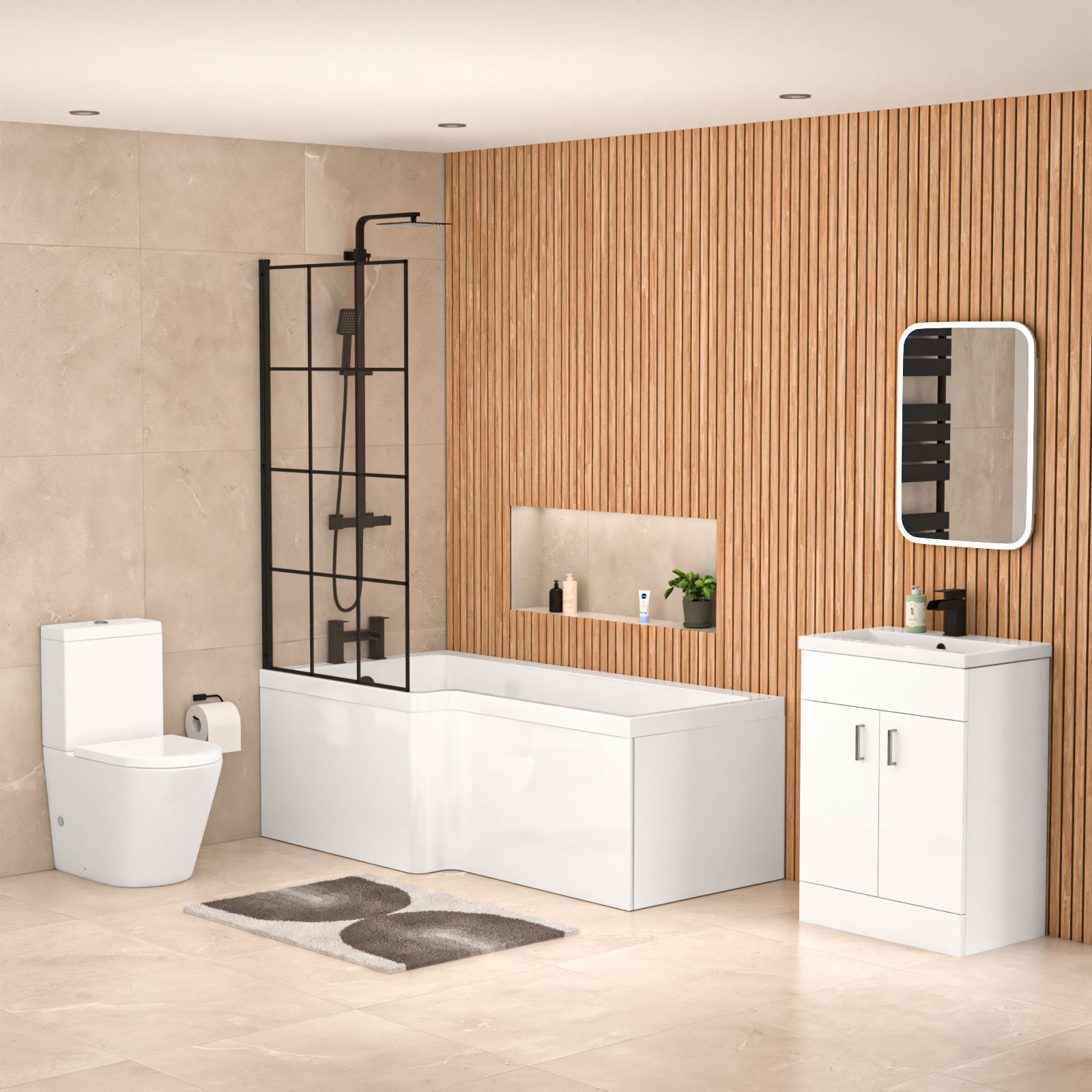 Nanuya L-Shaped LH Shower Bath Basin Vanity Toilet Set Matte Black Taps