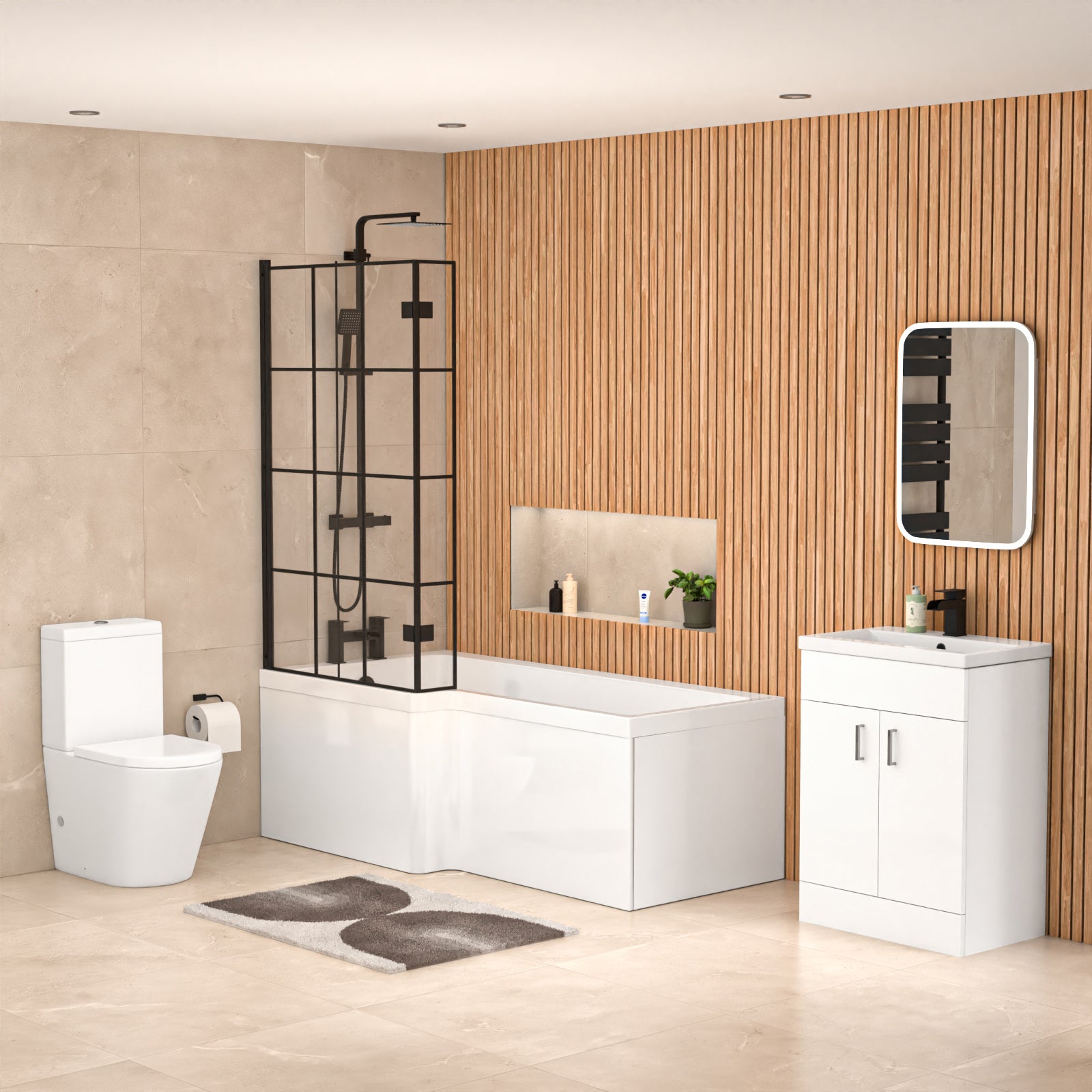 Nanuya L-Shaped LH Shower Bath Basin Vanity Toilet Set Matte Black Taps