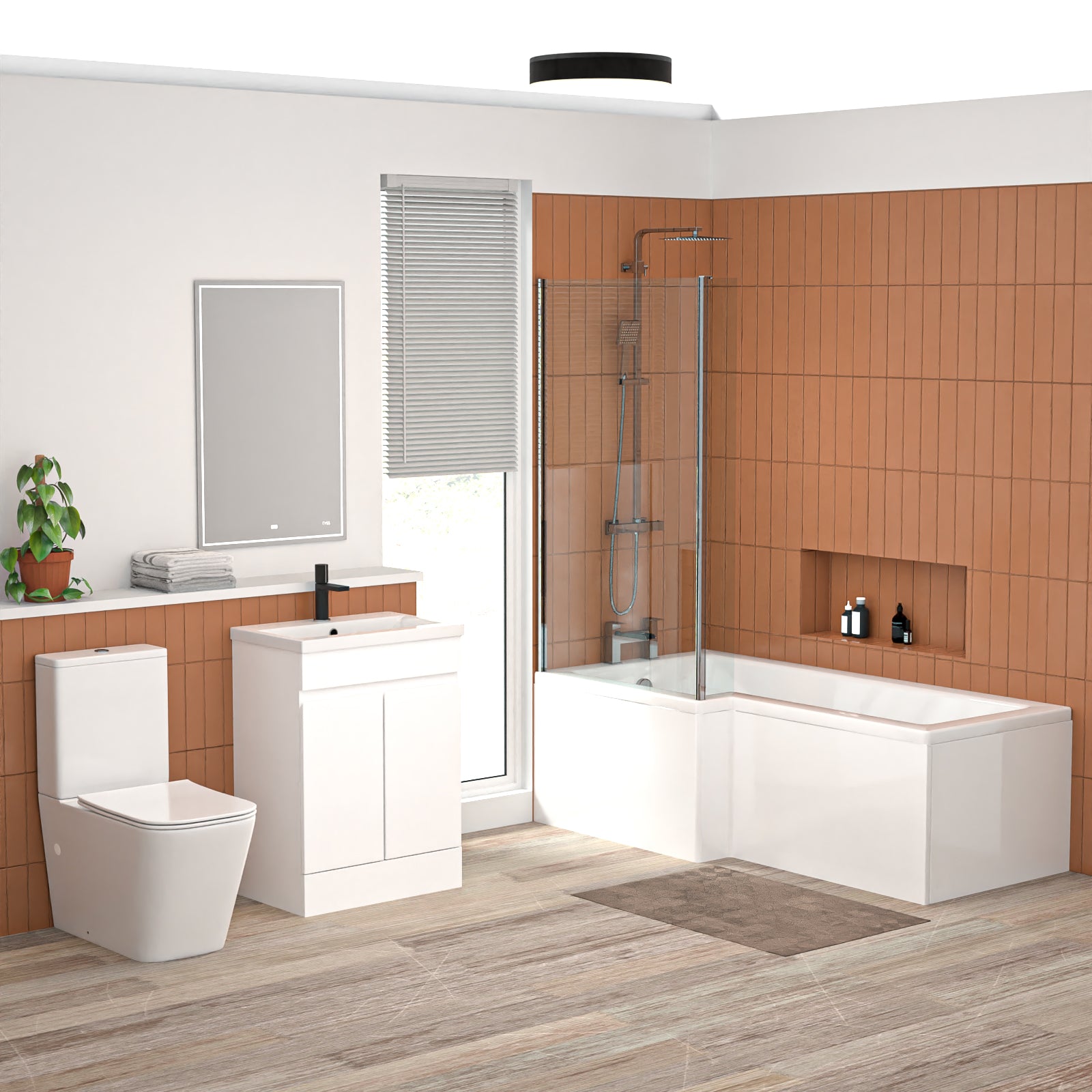 L-Shaped Left Hand Bath Set, Panel, Bath Screen, CC Toilet, 600mm Freestanding Vanity